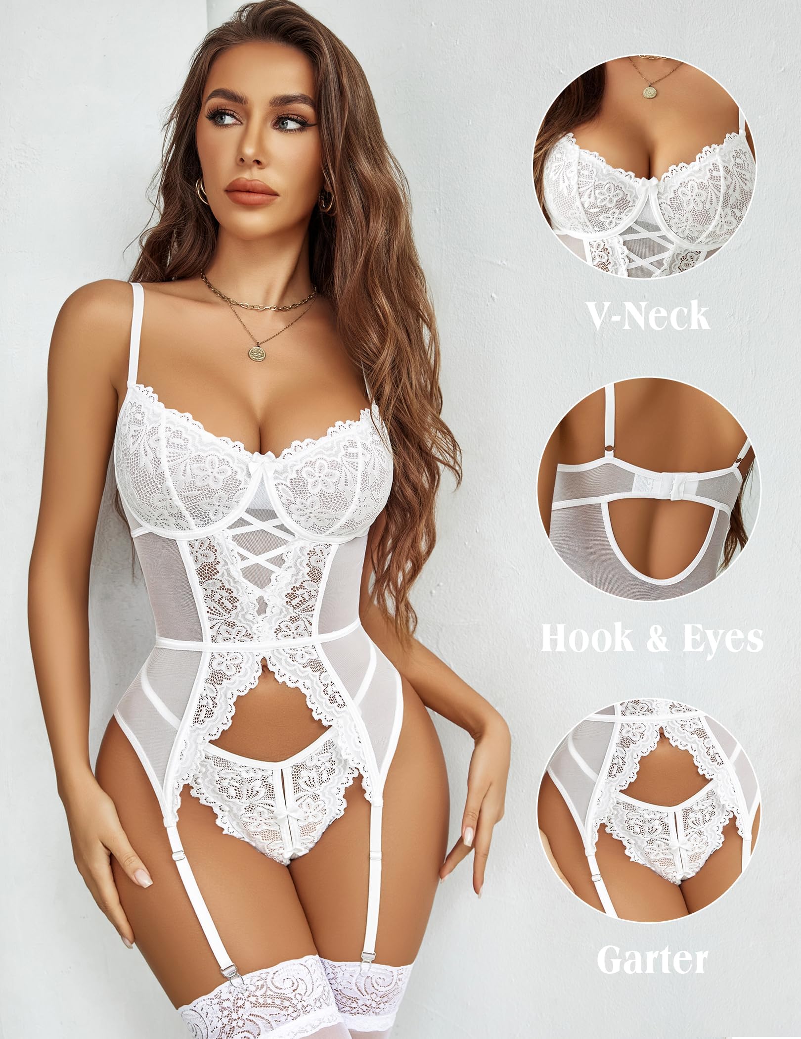 Avidlove Body da Donna Sexy Babydoll Con Fascia CosciaIn Pizzo Lingerie Set Lace Spaghetti Bodysuit Going Out Leotard Top
