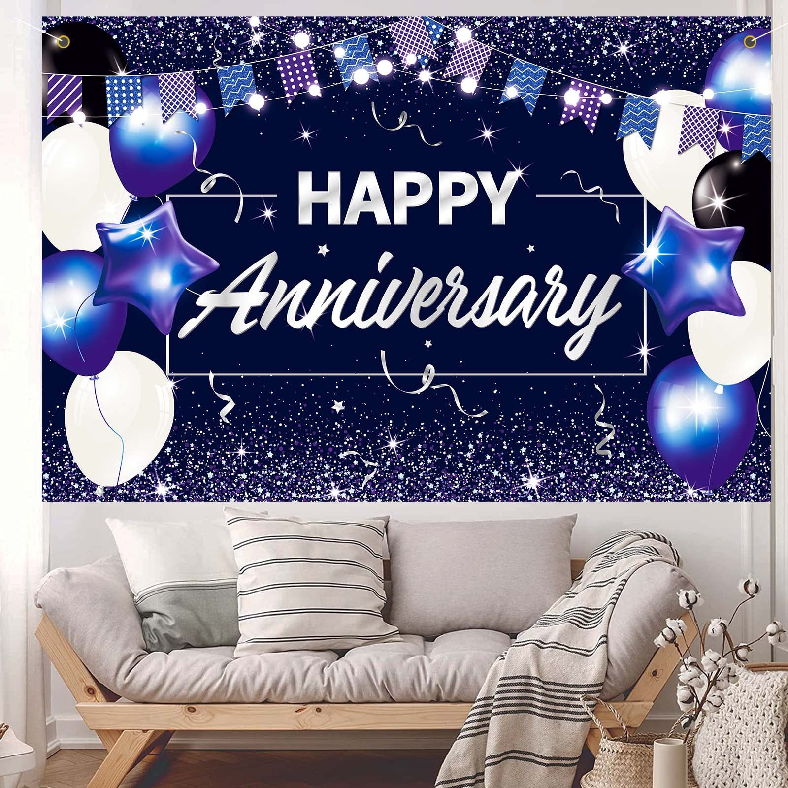 „Happy Anniversary“ Party-Banner – Blaues Hintergrundposter 180x110 Cm Für Hochzeitstag & Feiern
