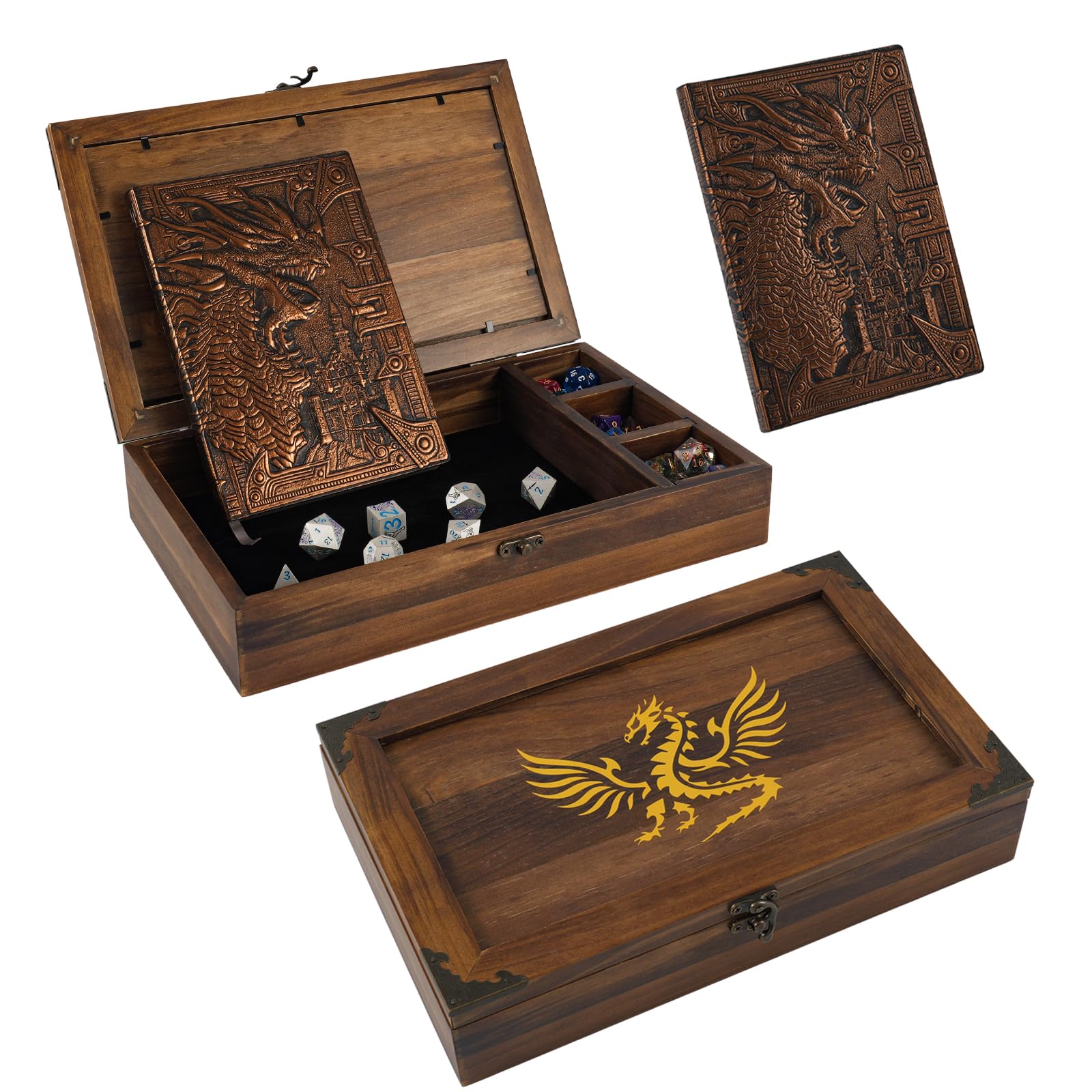 2-in-1-Würfelbox aus Metall mit DND-Notizbuch zum Rollen und Aufbewahren, Organizer für RPG-Tischspiele, Würfeltablett, Dungeons & Dragons, Spieler oder polyedrische Würfelsammlerbox aus Metall