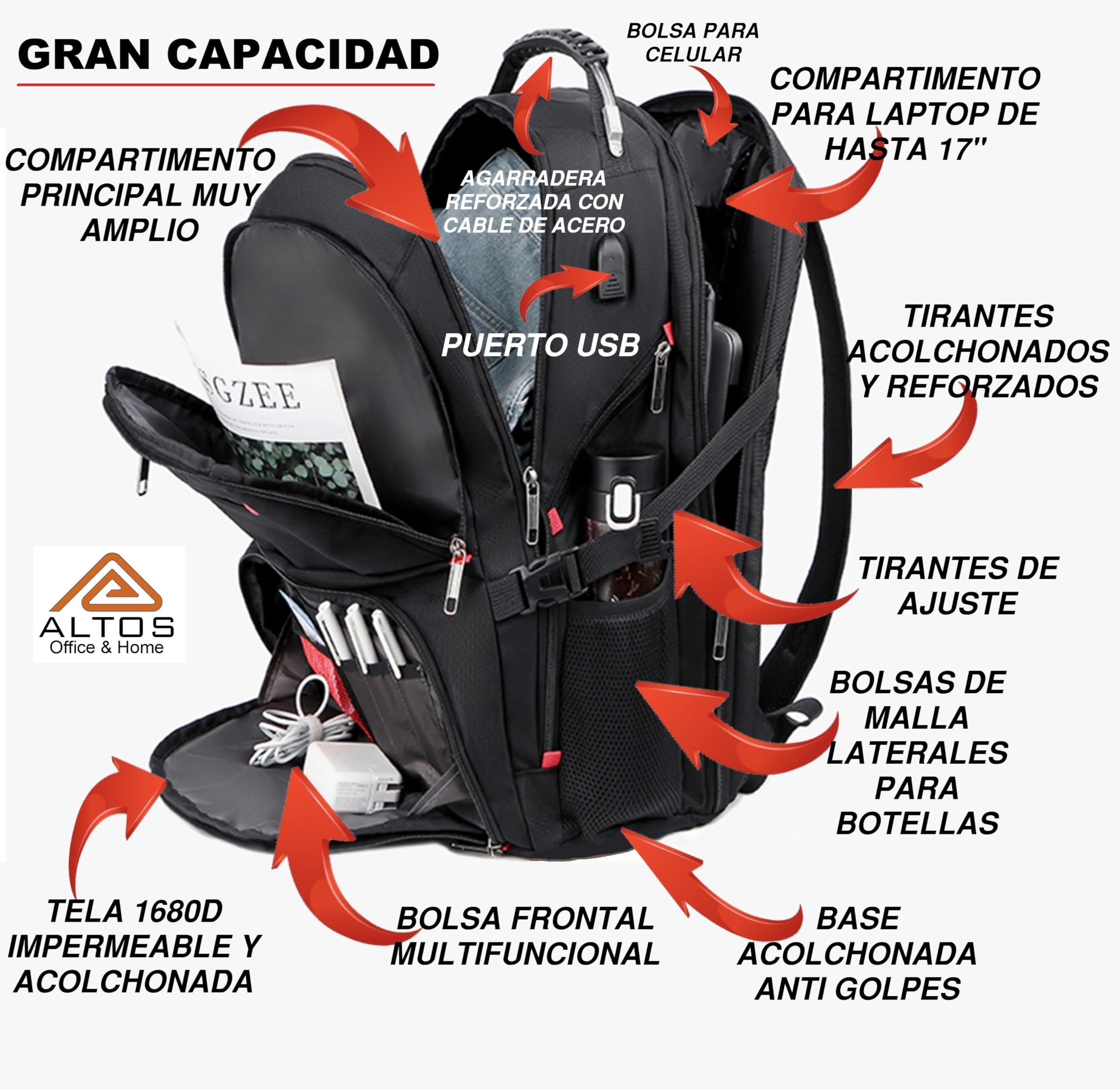 ALTOS OFFICE AND HOME Mochila para laptop de 17", viajes de negocios, estudios, Puerto USB, negra, antirrobo, ideal para senderismo, impermeable, resistente a arañazos, reforzada, GRAN CAPACIDAD,