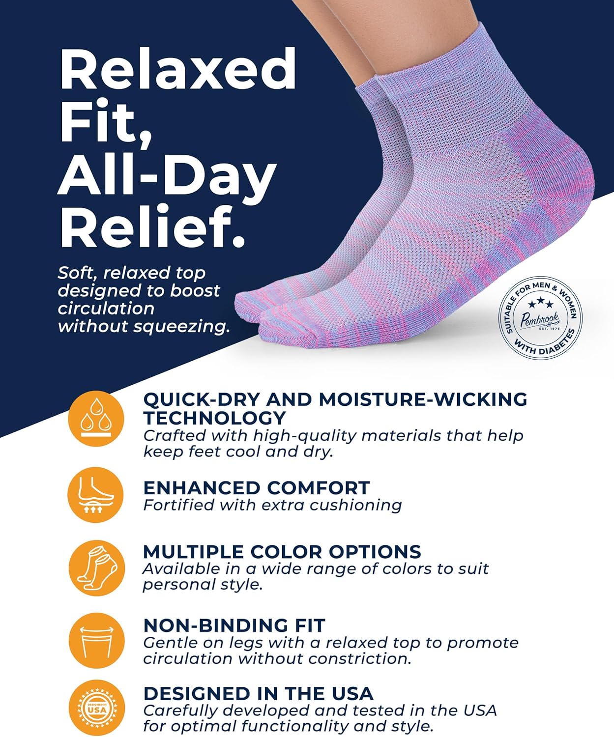 Pembrook Ankle Diabetic Socks for Women & Men | 6 Pairs | Wide Non Binding Socks Quarter Length | Edema Neuropathy Socks - Image 2