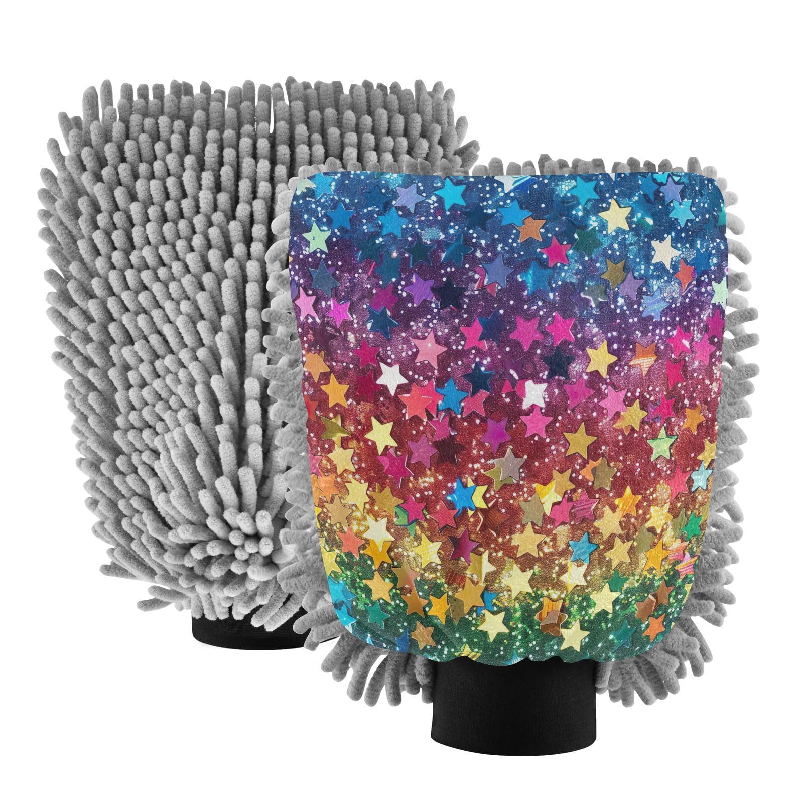 GakkiGii Star Sequin 2 Pack Microfiber Car Wash Mitts, Dual-Sided Chenille Gloves, Scratch-Free for Auto Detailing & Home Cleaning, L