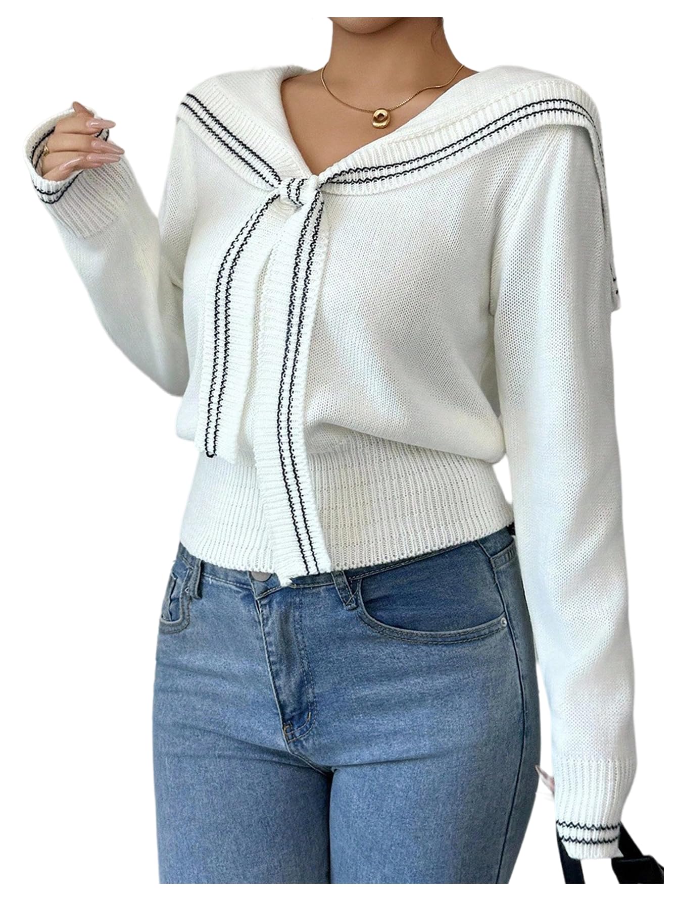 Milumia Womens Striped Collar V Neck Sweater Long Sleeve Cinched Waist Going Out Knitted Tops