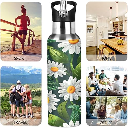 Miniatura 5 de BPA-Free Sports Water Bottle 32 Oz, Insulated Stainless Steel Water Bottle with Straw for Gym Outdoor Travel School, White Daisy Flowers Green Leaves
