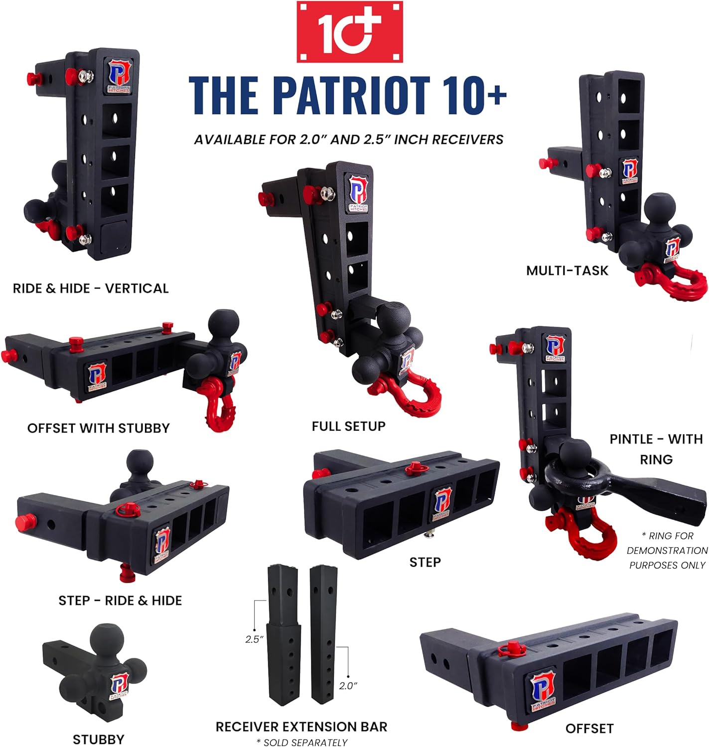 The Patriot - Heavy Duty Receiver Solid Steel Universal Multi Task Ball Mount, Pintle Hook, Adjustable, Step, Offset, Class V Drop Rise Hitch 30,000 Lbs. (Black Texture - Red Accent, 2")