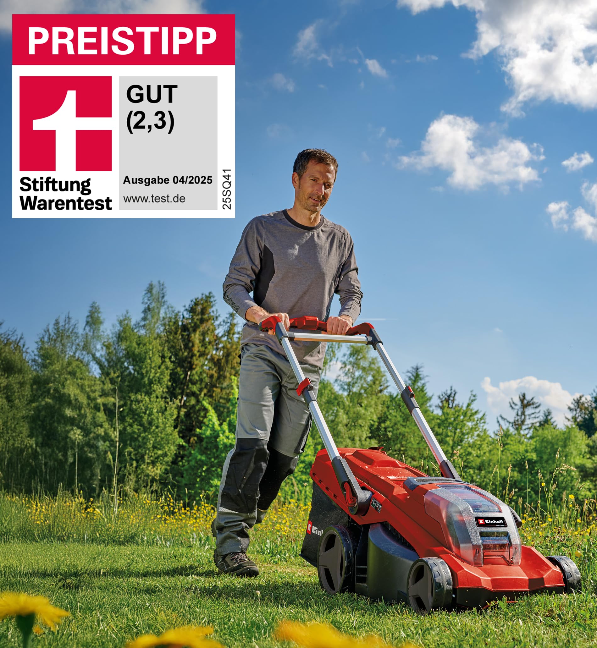 Einhell Akumulatorowa kosiarka GP-CM 36/450 Kit Power X-Change (36 V, szerokość cięcia 38 cm, 450 m², bezszczotkowa, funkcja mulczowania, worek 45 l, w zestawie 2 akumulatory 4,0 Ah + podwójna ładowarka)