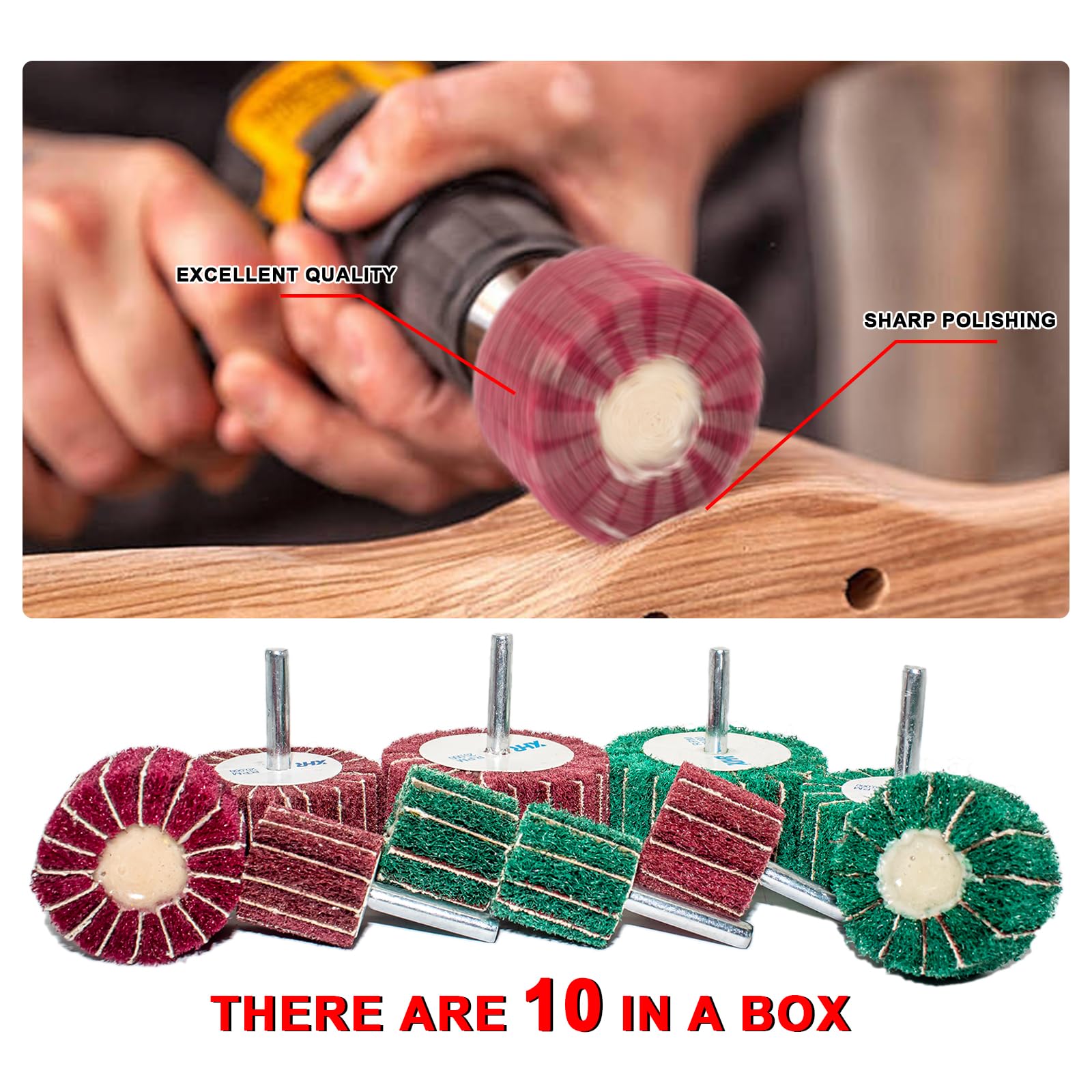 FEIHU 10 Stück Schleifmop set/Fächerschleifer/Lamellenschleifer,Vlies-Schleifmittel Polierscheiben, Polieren von Metall, Holz, Edelstahl Schaftdurchmesser: 6 mm