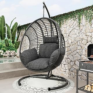 Oversized Hanging Egg Chair Outdoor Wicker Swing Chair with Stand Rain Cover UV Resistant Cushion 400lbs Capacity for Patio, Garden and Balcony
