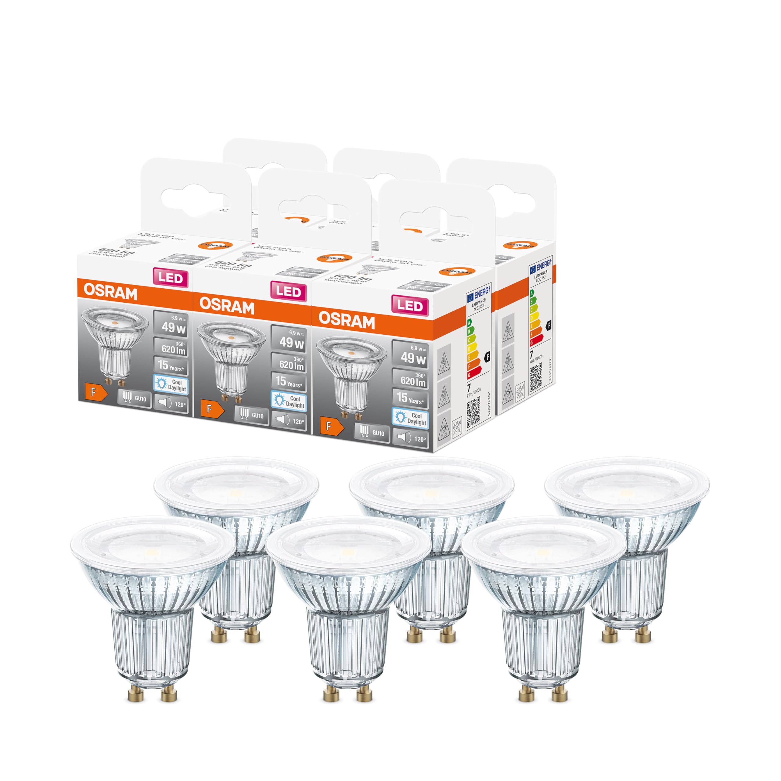 Osram LED Star Reflektor-Lampe PAR16 für Strahler und Spots in Tageslichtweiß (6500 K), klar, 50mm DM, mit 6.9 W für 620 lm, GU10 Retrofit Pin-Sockel, bleifreies Glas, IP20,6-Pack