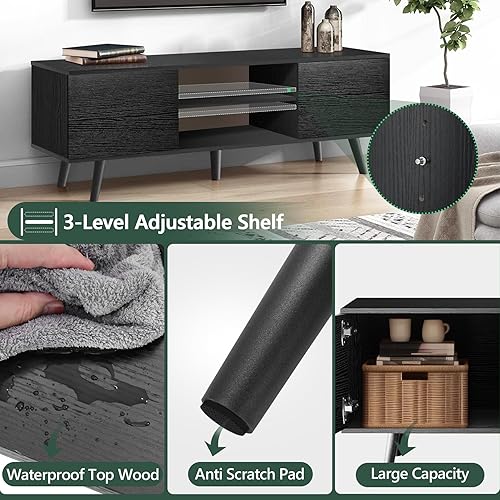Miniatura 7 de Soporte de TV para TV de 55 y 60 pulgadas, soporte de televisión de madera negra, 2 gabinetes, centro de entretenimiento moderno con almacenamiento