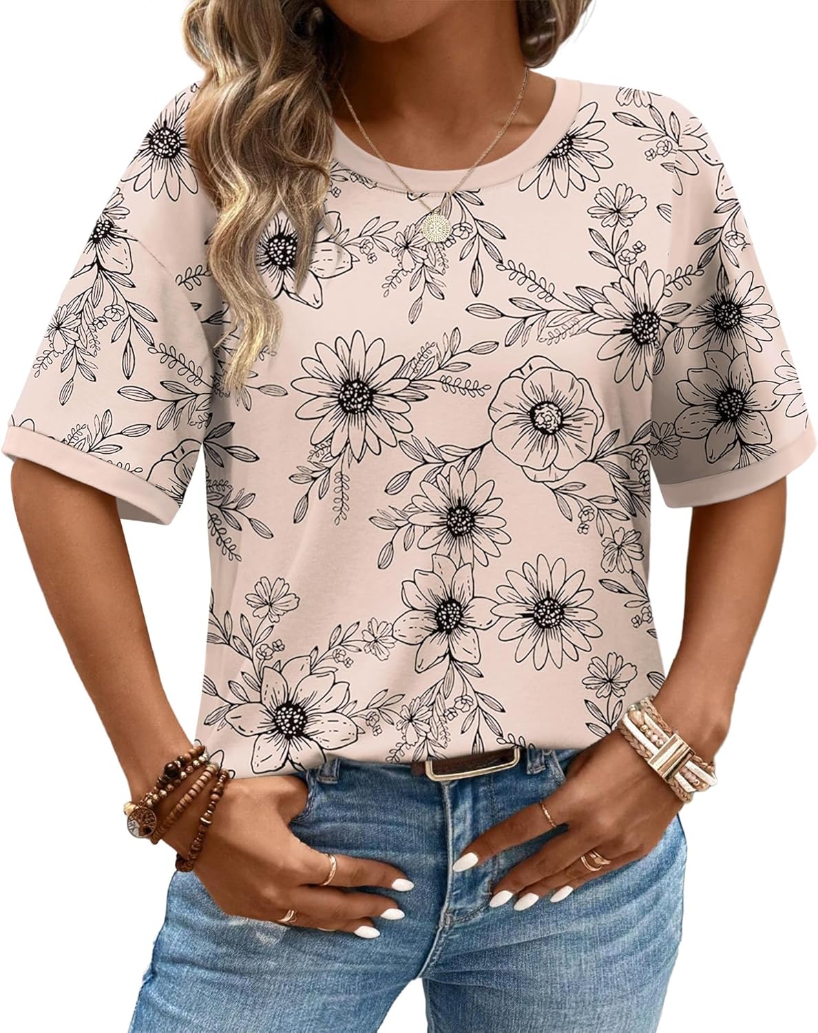 WIHOLL Womens T Shirts Loose Fit Short Half Sleeve Crew Neck Oversized Tshirts Color Block Summer Tops Fashion 2026 - Image 2