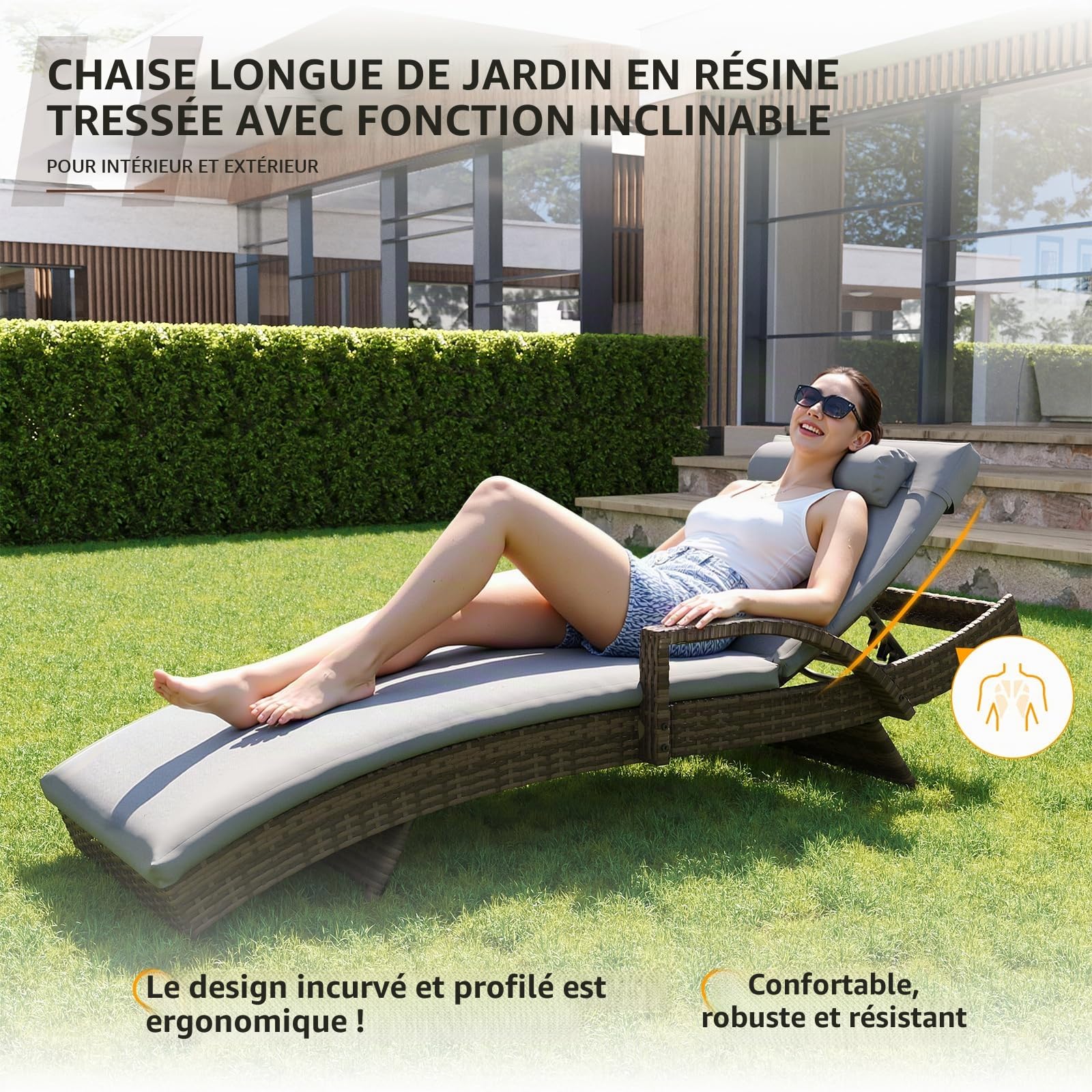 UDPATIO Transat Jardin Exterieur - Chaise Longue Bain de Soleil en Résine Tressée, Dossier Réglable 5 Positions, Fauteuil de Jardin avec Coussin et Appuie-tête, pour Jardin, Terrasse et Balcon, Marron