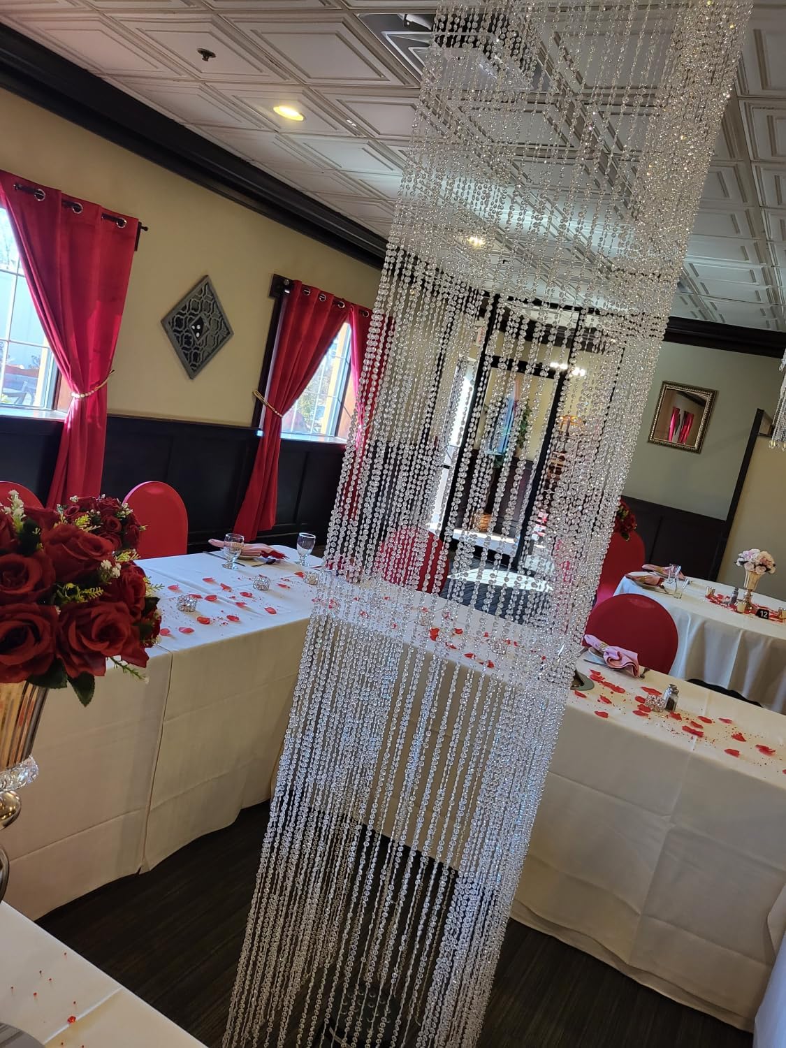 FlavorThings Hanging Beaded Crystal Column Chandelier, 9ft Tall Beads Curtain Round with Silver Metal Hoop and Hanging Chain for Wedding Reception Party Events Home Centerpieces Decorations (9FT)