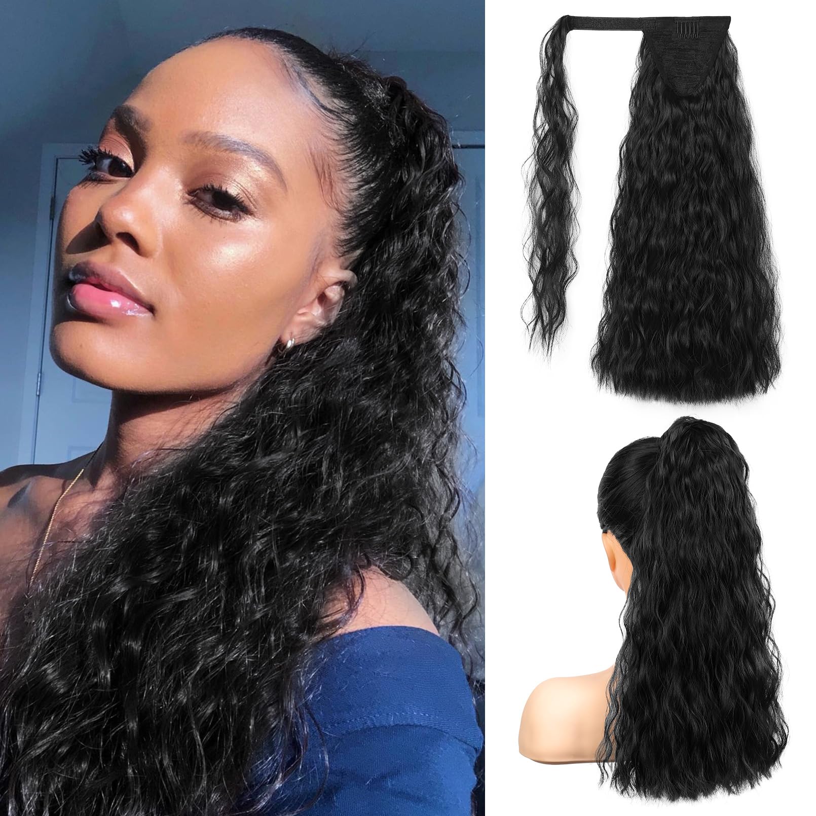 Photo 1 of ponytail extensions, FLUFYMOOZ Wrap Around Ponytail Curly Wavy Synthetic Hairpiece for women Fake Pony Tails Clip in Hair Extension ponytail (18 Inch Natural Black)