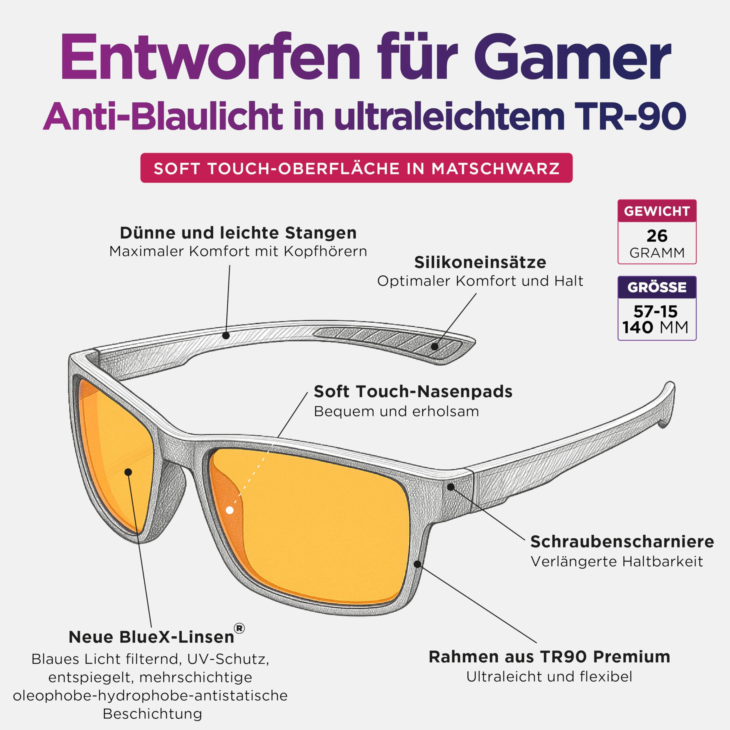 Gaming Brille TR90 Super Leicht - Blaulichtfilter Computerbildschirm-Brille - Anti-Blaulicht-Bildschirm für Gamer PCs und Büro (Herren - Damen)