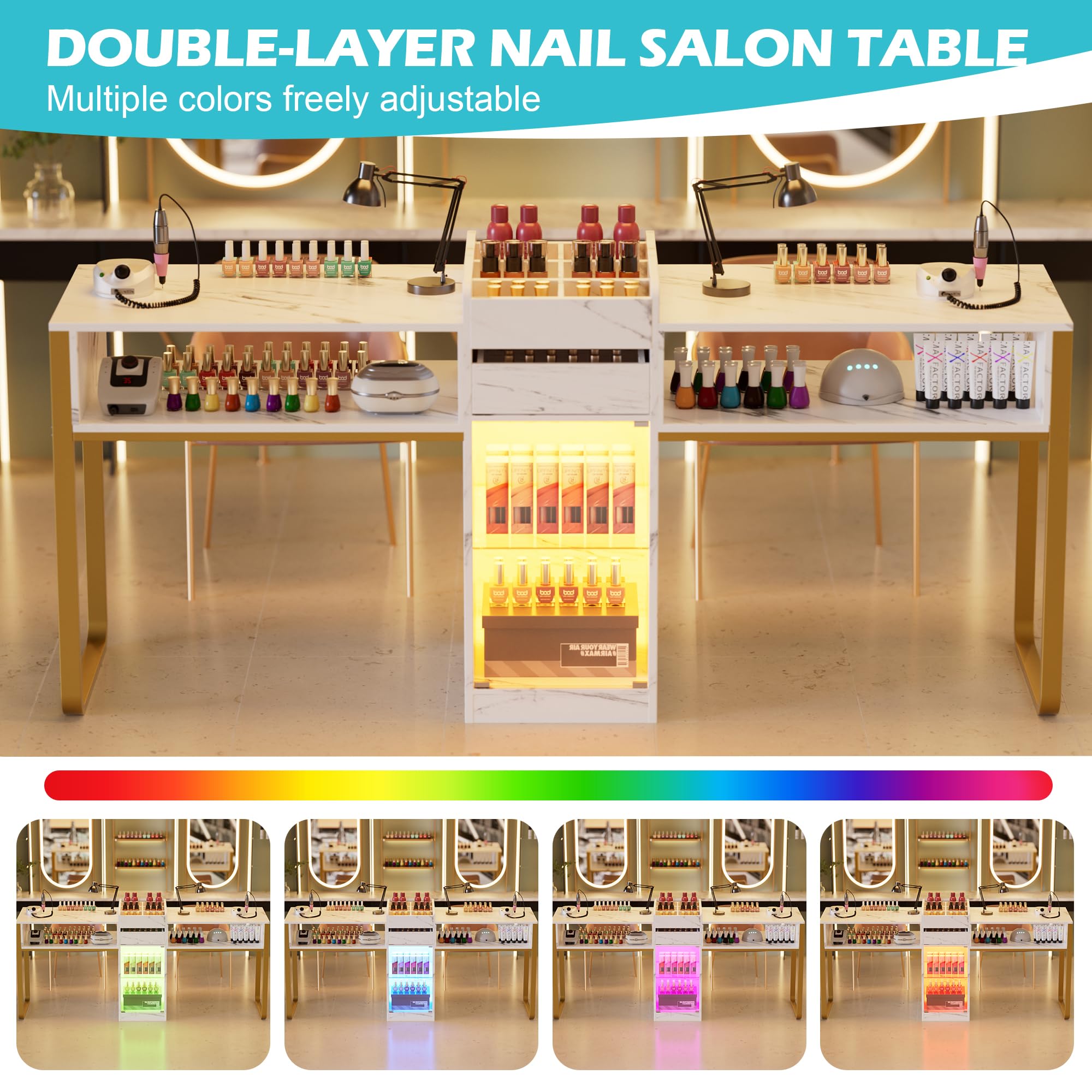 Tavolo per Manicure in Legno con Cassetti e Luci LED Regolabili, Marmo-Bianco-Oro, 117x45x81cm, per Salone di Bellezza
