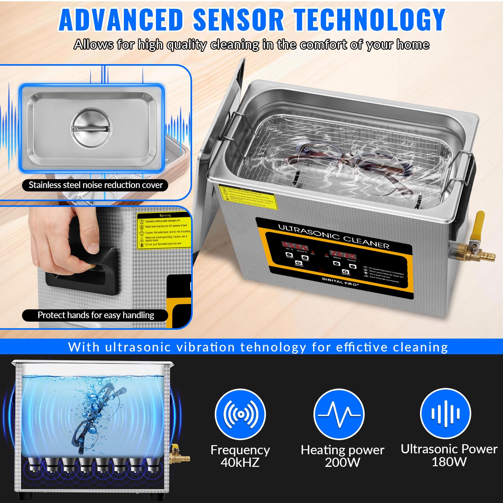 Ultraschallreinigungsgerät 6L, Professioneller Edelstahl Ultraschallreiniger mit Heizung und Timer, Ultraschallreiniger für Brillen, Uhren, Zahnersatz und Schmuck