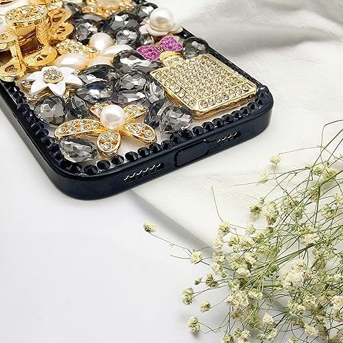 Miniatura 4 de Guppy Funda con purpurina para iPhone 14 Pro Max, con diamantes de imitación de lujo, botella de perfume 3D con diamantes de imitación y flor de