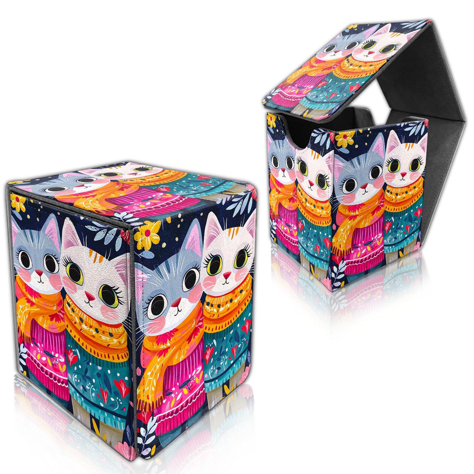 DISUOFEART for MTG Deck Box, Trading Card Storage Case Holds 100+ Sleeved Cards, Cute Cartoon Cats Magnetic Closure Durable Deck Holder for Magic The Gathering, TCG & Commander