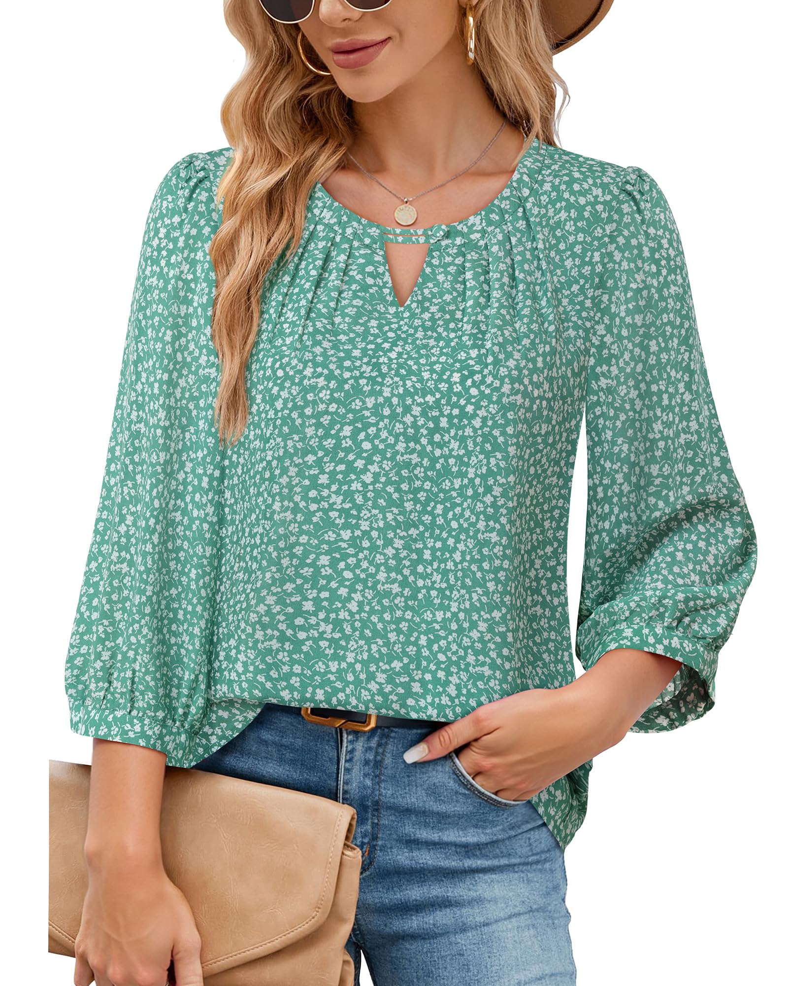 VALOLIA Women's 3/4 Sleeve Dressy Blouses Shirts Business Casual Work Chiffon Tunic Tops