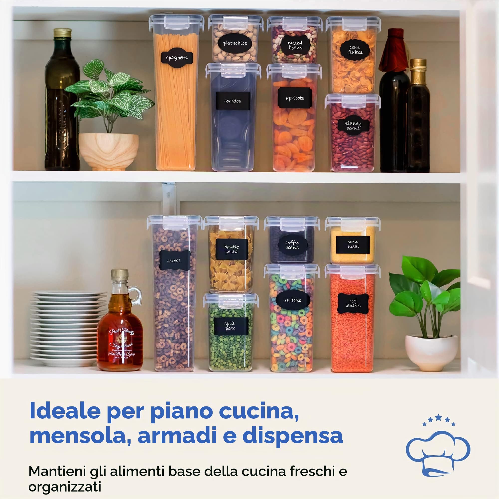 Set di contenitori ermetici per alimenti, 24 pezzi, per organizzazione cucina e dispensa, senza BPA, contenitori in plastica con coperchi resistenti, ideali per cereali, farina e zucchero, set di