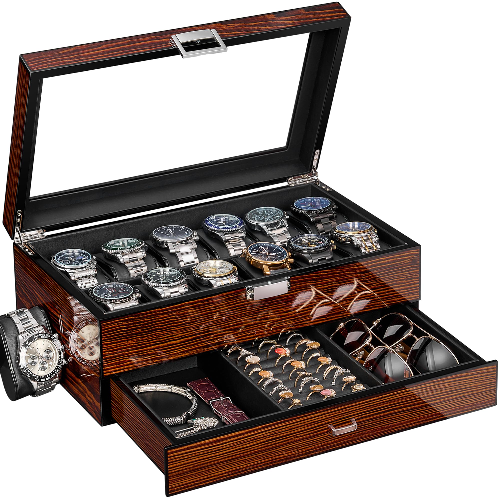 BEWISHOME High-End Watch Case, 12 Slot Wooden Watch Box with Valet Drawer, 2-Layer Watch Display Case for Jewelry, Watch Holder, Watch Organizer for Men Women Brown ESSH02Y