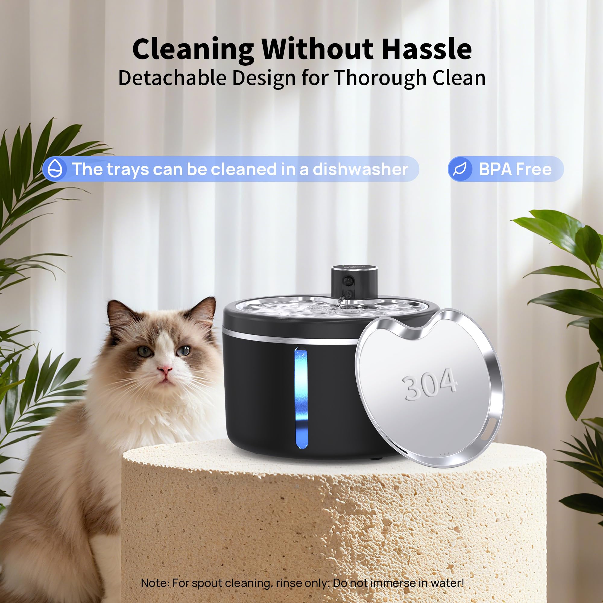 Cat Water Fountain Cordless, 108oz/3L Pet Fountains for Cats Indoor with Stainless Steel Tray, Battery Operated Cat Drinking Fountain with Motion Sensor, Ultra Quiet Pump (Cat Fountain+8Filters) - image 8