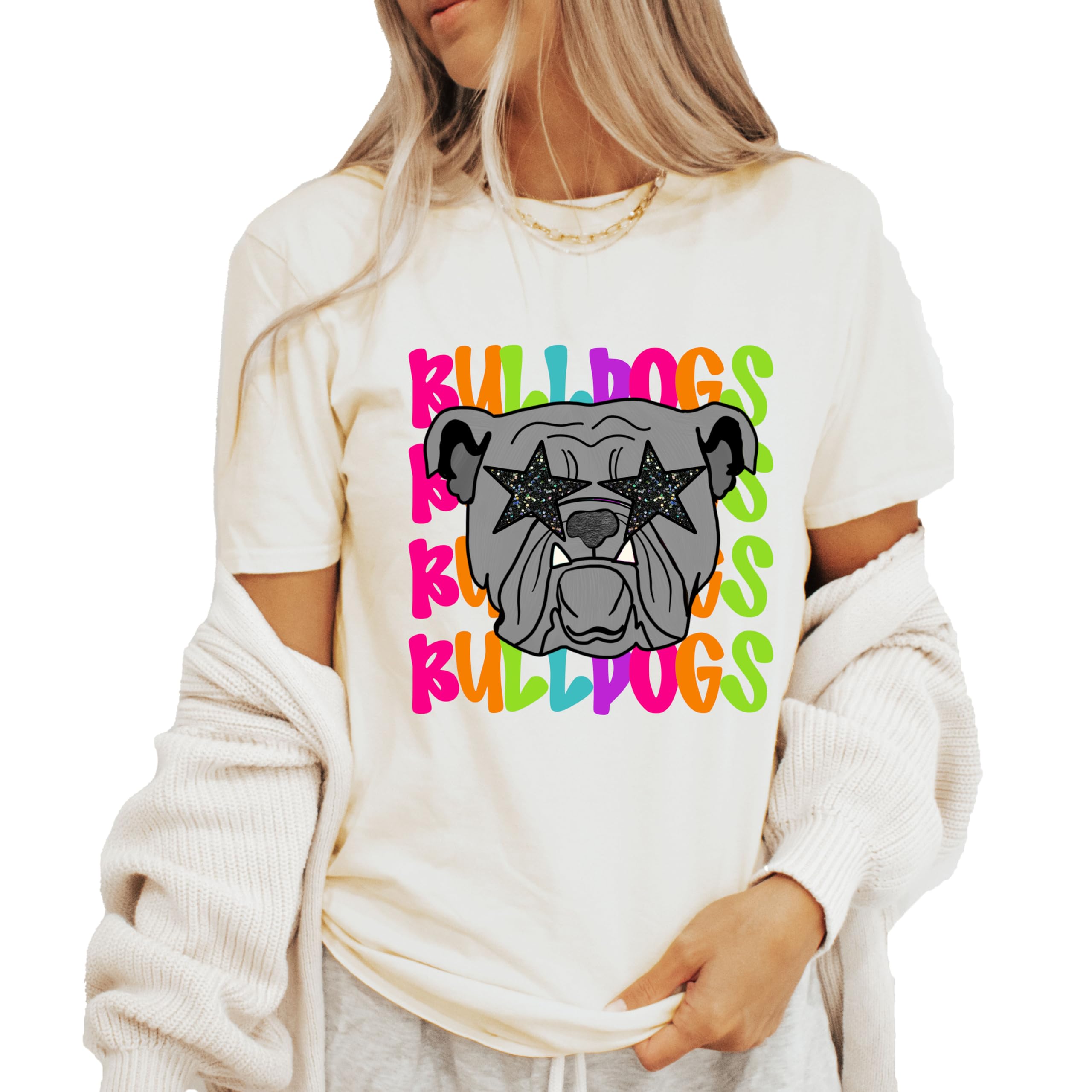 Bulldogs Game Day Shirt for Women and Teens Colorful Girly Bulldogs Mascot Tee