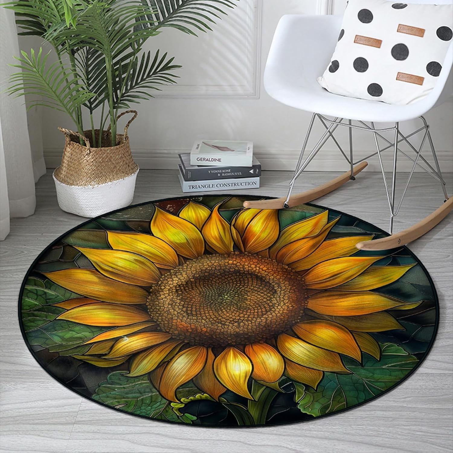 Fchen art Sunflower Round Rug, 63 inch Circle Floor Mat with Vibrant Yellow Flowers & Green Leaves, Uplifting Living Room Decor, Washable Cotton with Stitched Edges