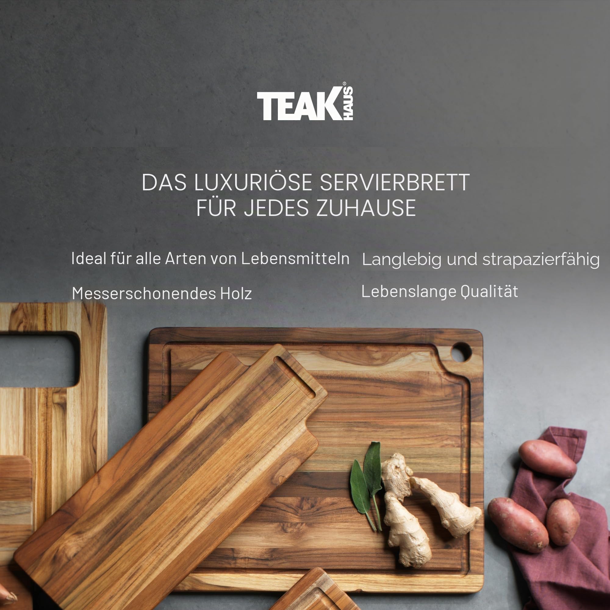 Teakhaus Marine Schneidebrett mit Saftrille, 46×36×2 cm, FSC-Teakholz | Holzbrett mit Aufhängevorrichtung, messerfreundlich, langlebig, für Fleisch, Gemüse und Kräuter geeignet