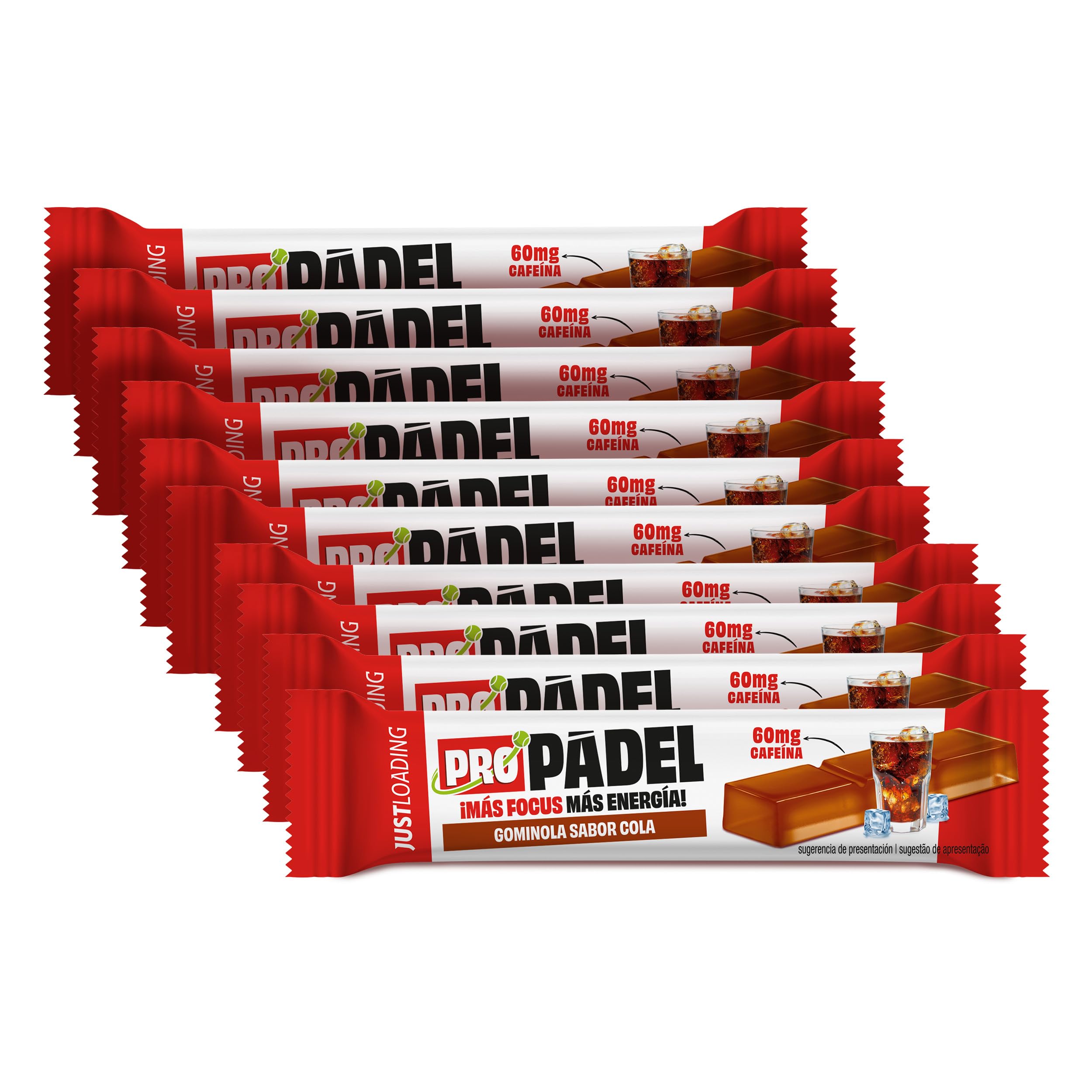 JustLoading Barrita Gominola Pádel sabor cola – Con cafeína, tirosina y magnesio – Energía y concentración inmediata – Reduce la fatiga y mejora los reflejos (10 unidades × 25 g)
