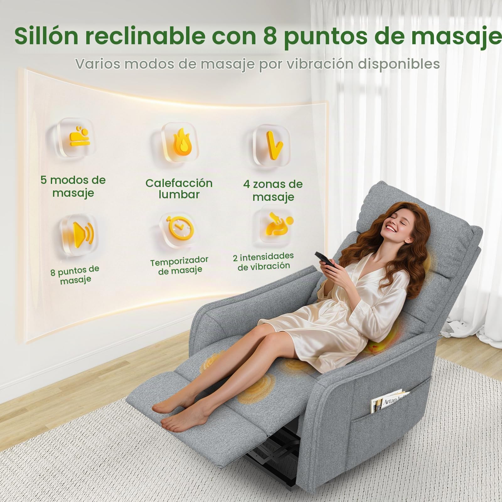 Silla reclinable para Ancianos, elevación eléctrica y sillón reclinable con Masaje y Calor, reposapiés extendido, Silla reclinable con 2 Controles remotos para Sala de Estar