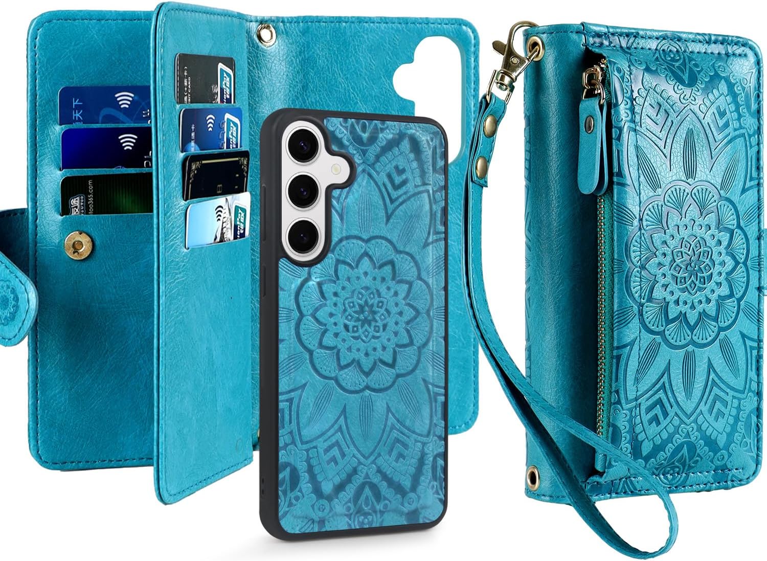 Harryshell Compatible with Samsung Galaxy S25 Wallet Detachable Magnetic Phone Case Wireless Charging [RFID Blocking] Card Slots, Cash Zipper Pocket Wrist Strap (Floral Blue Green)