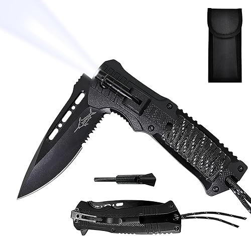 XIPHIAS Cuchillo plegable de supervivencia, multiherramienta de acero inoxidable con luz LED, iniciador de fuego, silbato y paracord, clip de