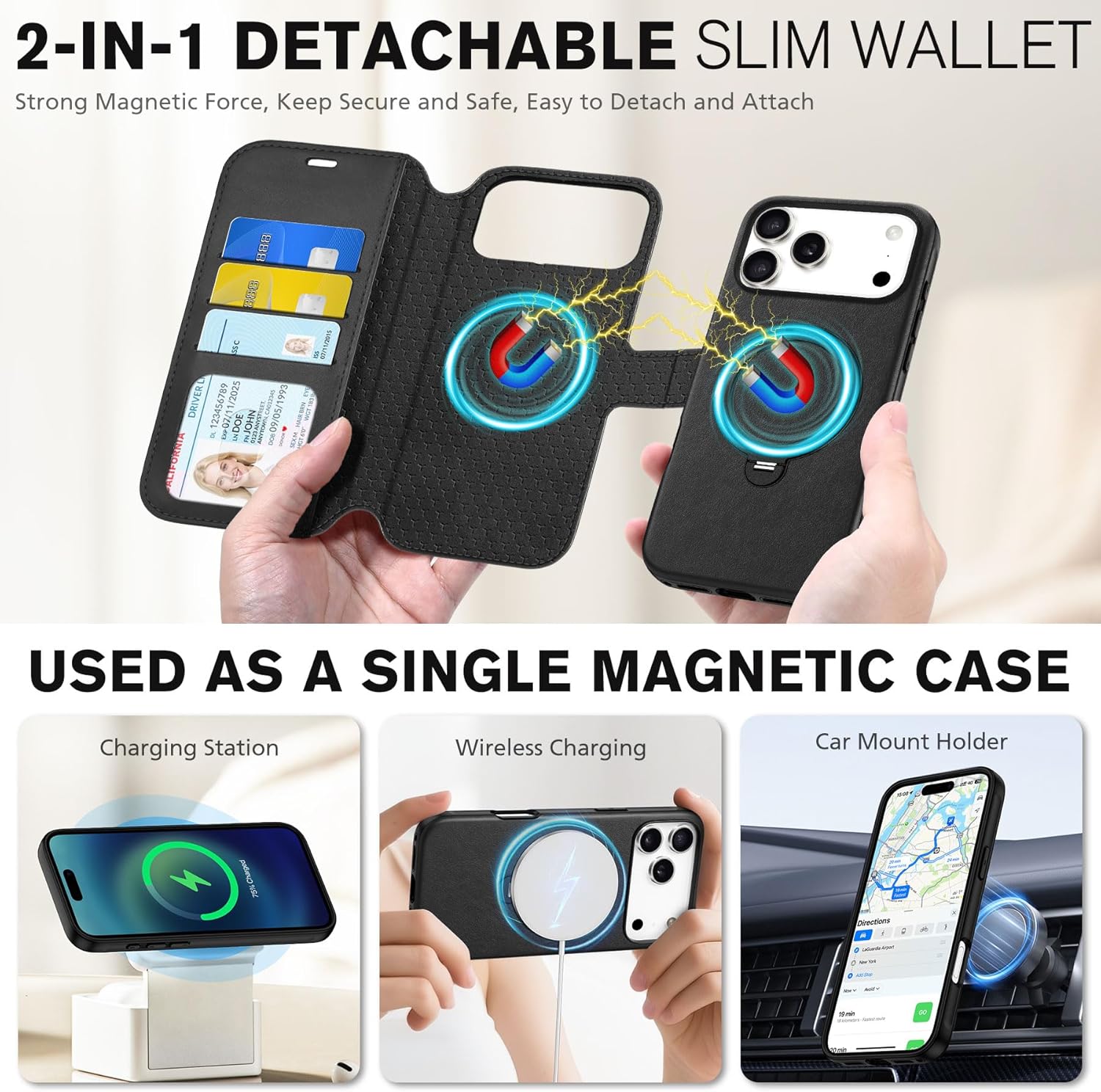 TUCCH Detachable Wallet Case for iPhone 17 Pro Max, Wireless Charging Adjustable 360° Rotation Ring Stand, RFID Blocking 3 Card Slots, 2-in-1 Magnetic Slim PU Leather Protective Cover 6.9" 2025, Black