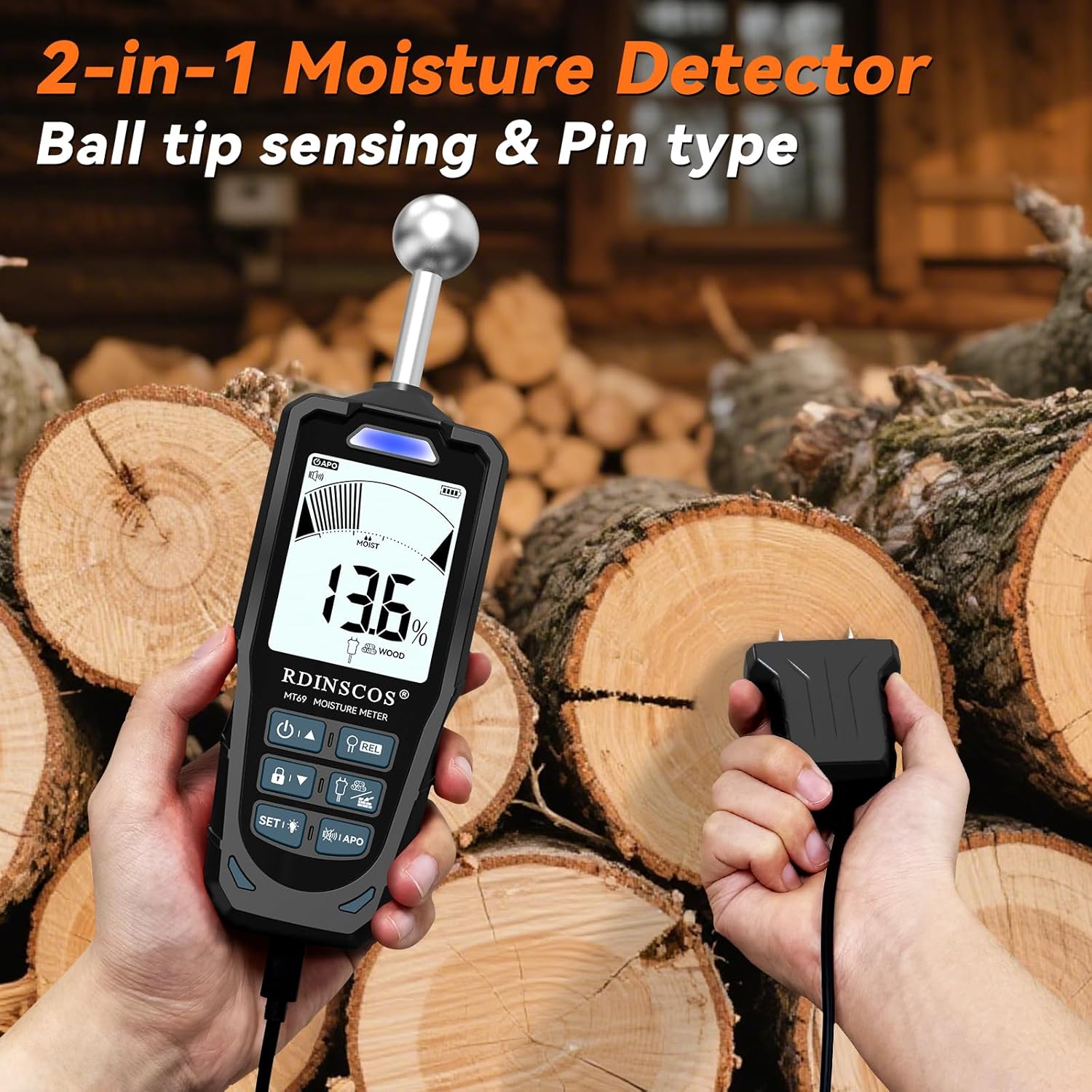 Hands holding the RDINSCOS MT69 moisture meter in pinless mode and the pin probe attachment