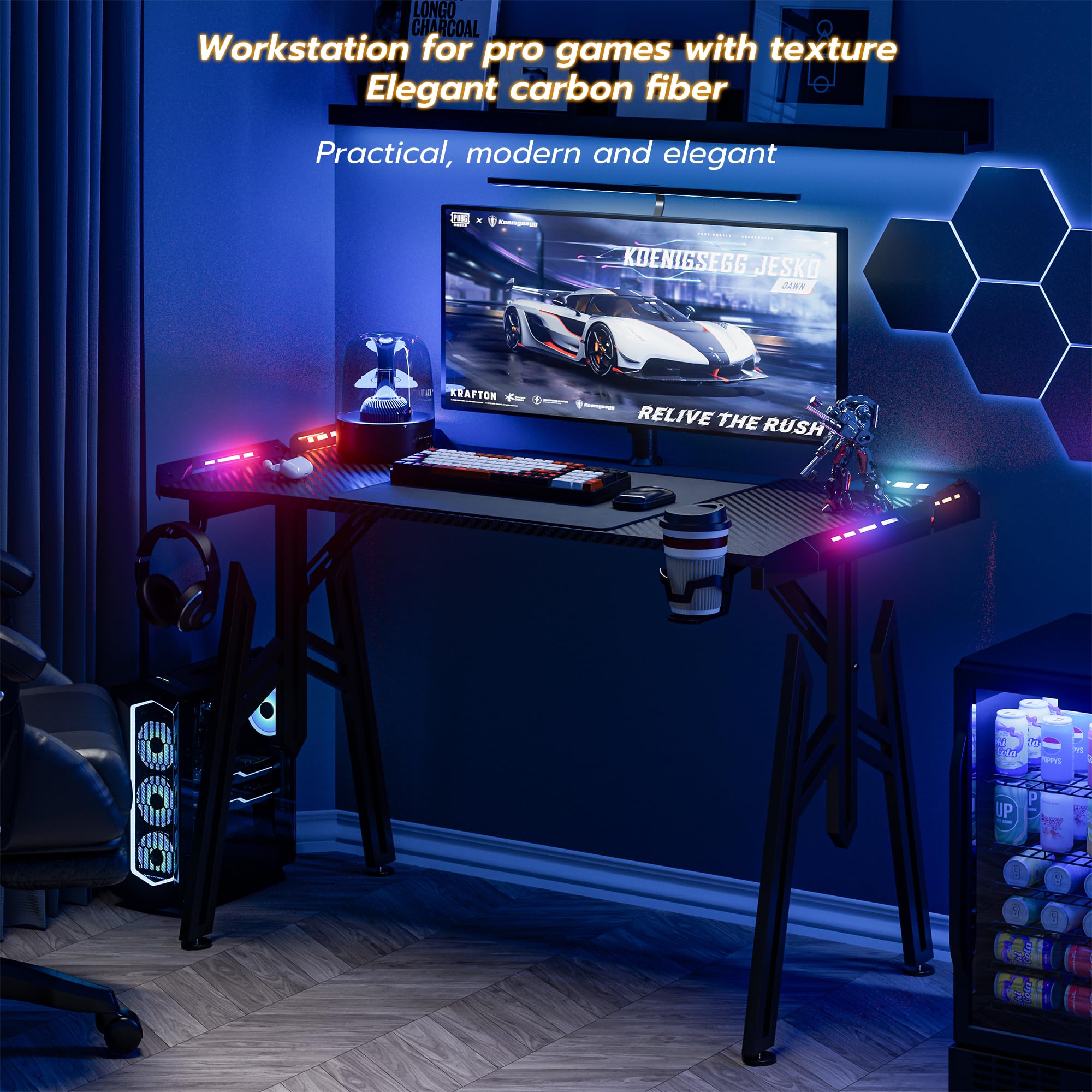 YRHome Biurko gamingowe, ergonomiczne, z diodami LED, czarny, stół gamingowy, z powłoką z włókna węglowego, z uchwytem na napoje i hakiem na słuchawki, nogi M 160 x 60 x 73 cm
