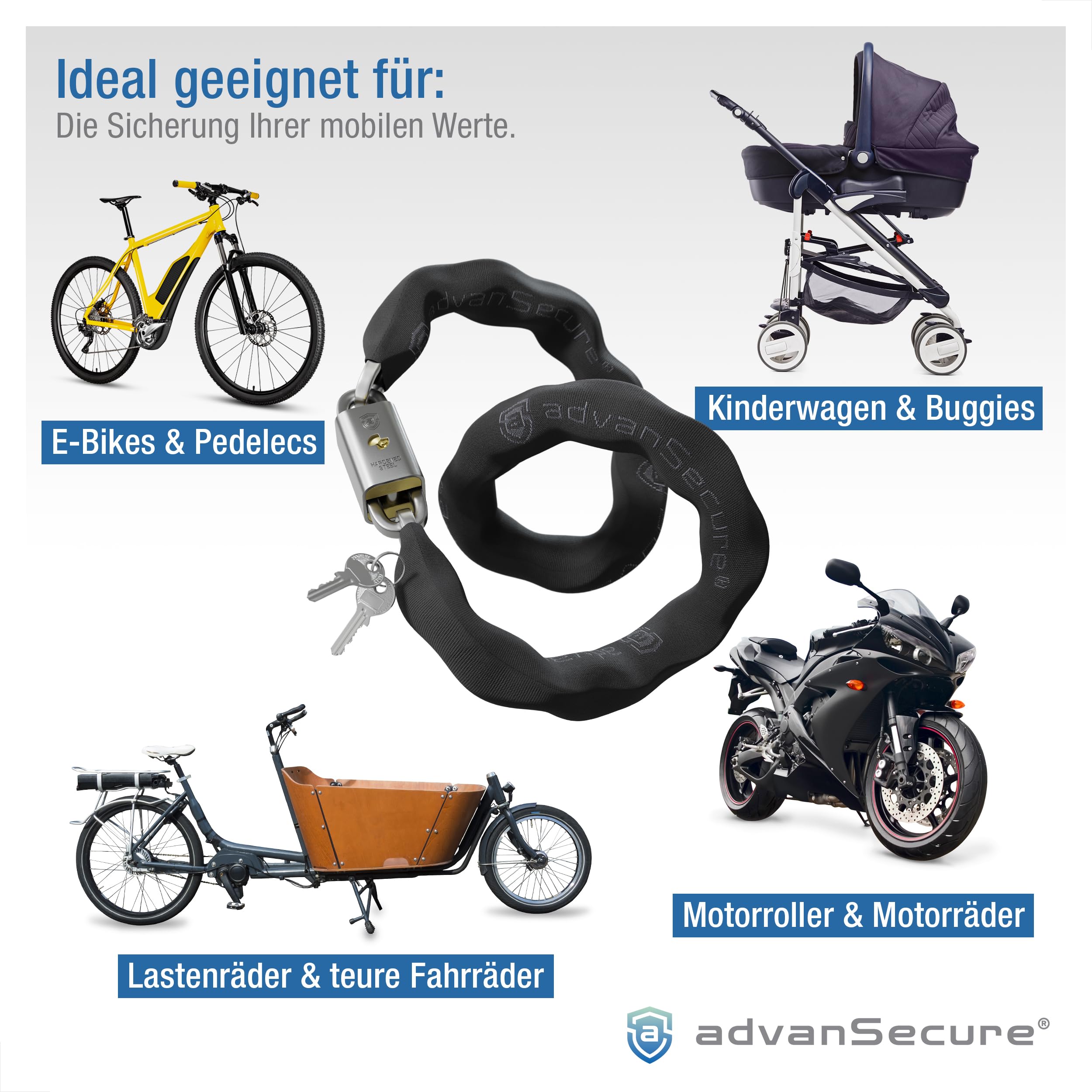 advanSecure® Hochsicherheits-Kettenschloss | optimal für Fahrrad und E-Bike | Sicherheitsstufe 8/10 | 90 cm Länge, 8 mm Kettenglieder | gehärteter Spezialstahl | abnehmbarer Schlosskörper-Schutz