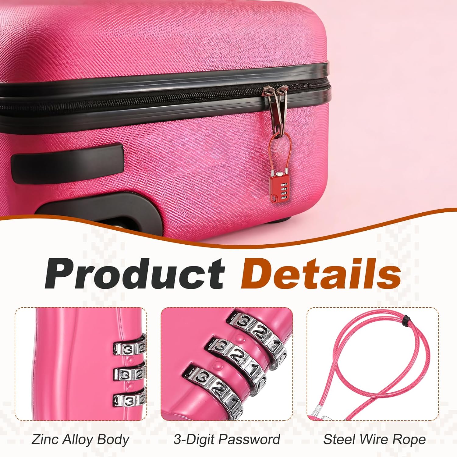 PATIKIL Combination Padlock (15.8 Inch, Rose Red) (2 Pcs), 3-Digit Combo Padlock Luggage Locks with Coated Steel Wire Rope, Suit for Gym Locker/Fence/Storage/Backpack/Toolbox/Cabinets