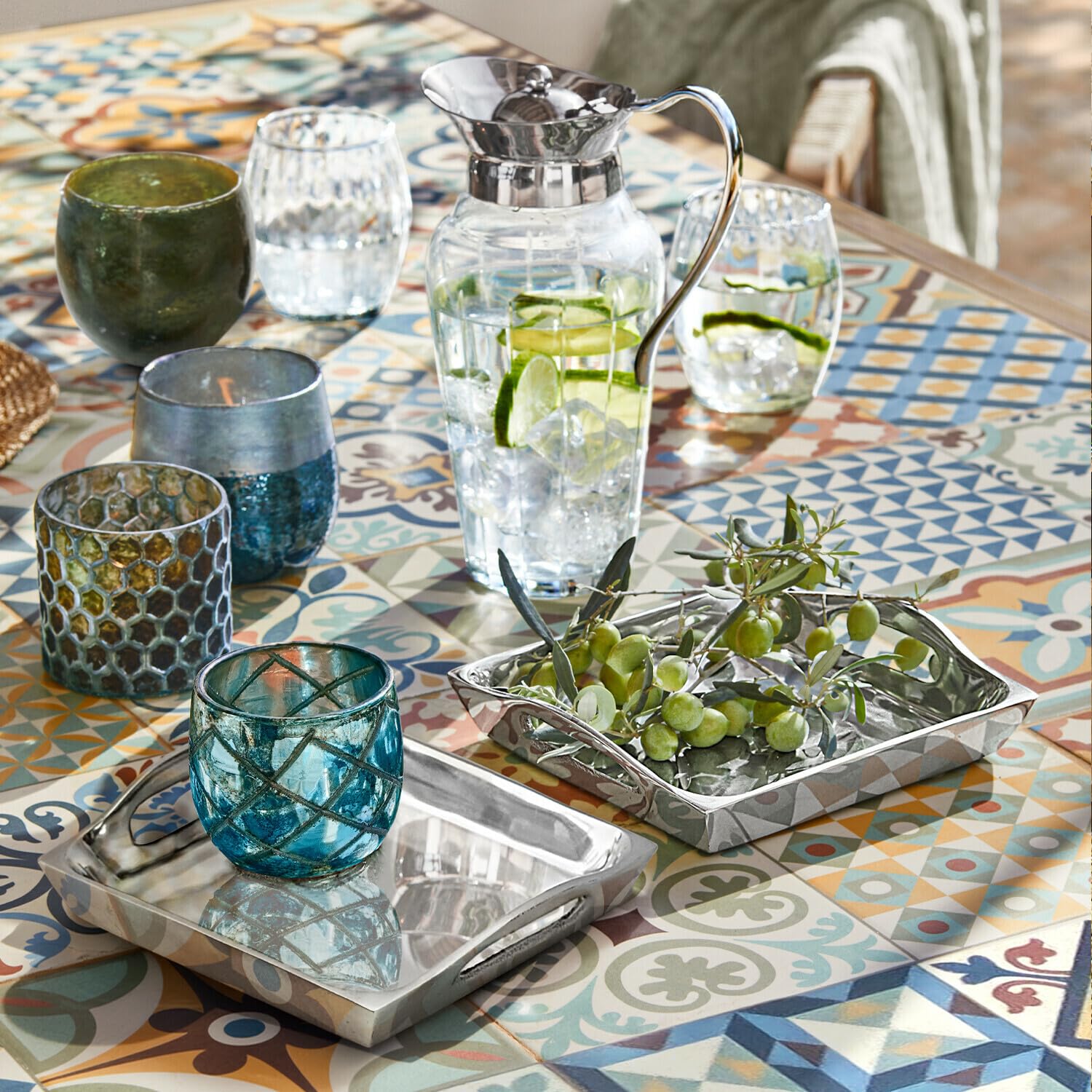 Loberon Marine Lot de 4 photophores en Verre soufflé à la Bouche Argenté Bleu Vert