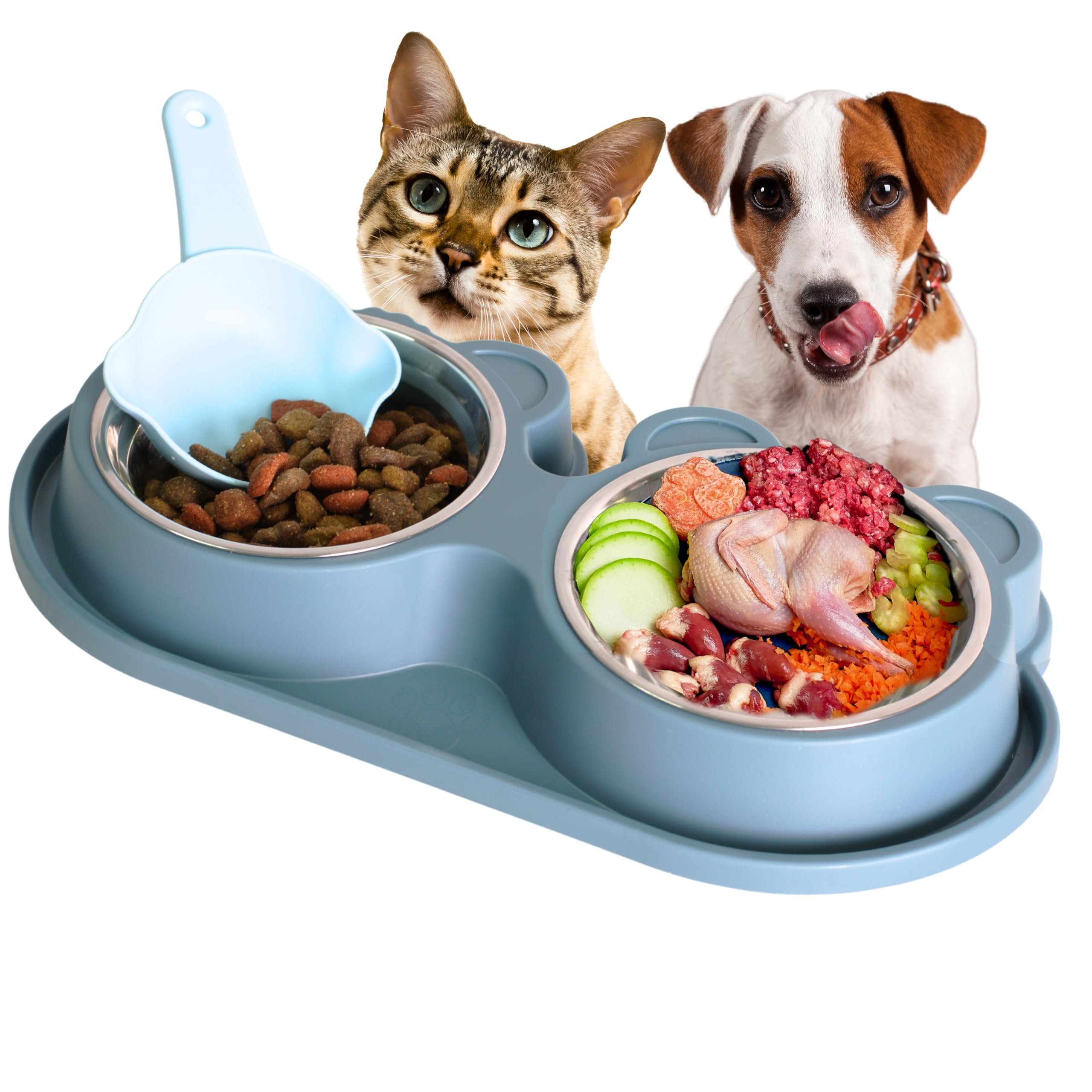 WAGDOM - 2X 300ML - Pack Comedero y Cuchara. Comedero Doble Antideslizante Acero Inoxidable Perros Pequeños y Medianos,Gatos.Cuencos Desmontables Base Antideslizante, Antidesbordamiento