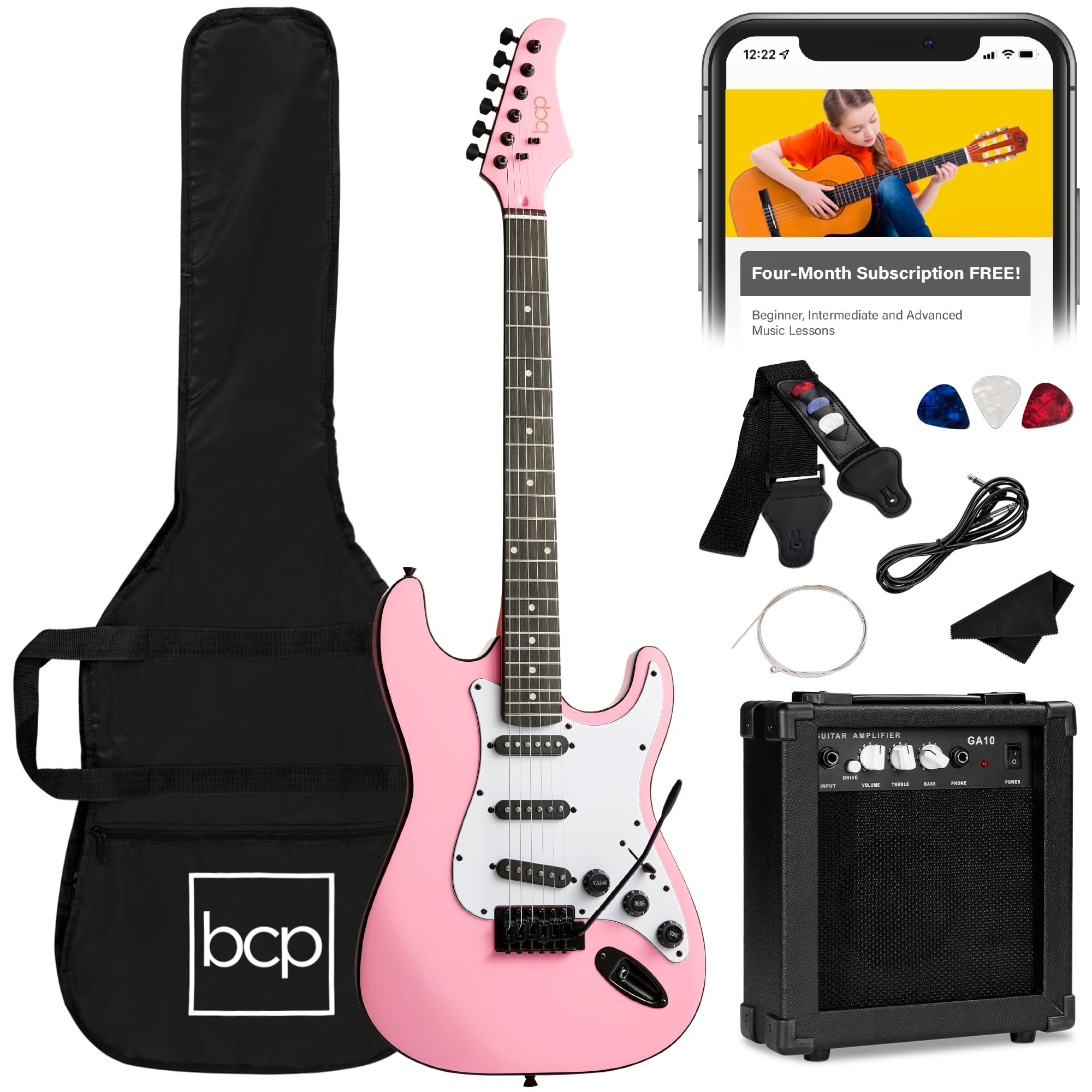 Best Choice Products39in Full Size Beginner Electric Guitar Starter Kit w/Case, Strap, 11W Amp, Strings, Pick, Tremolo Bar - Pink
