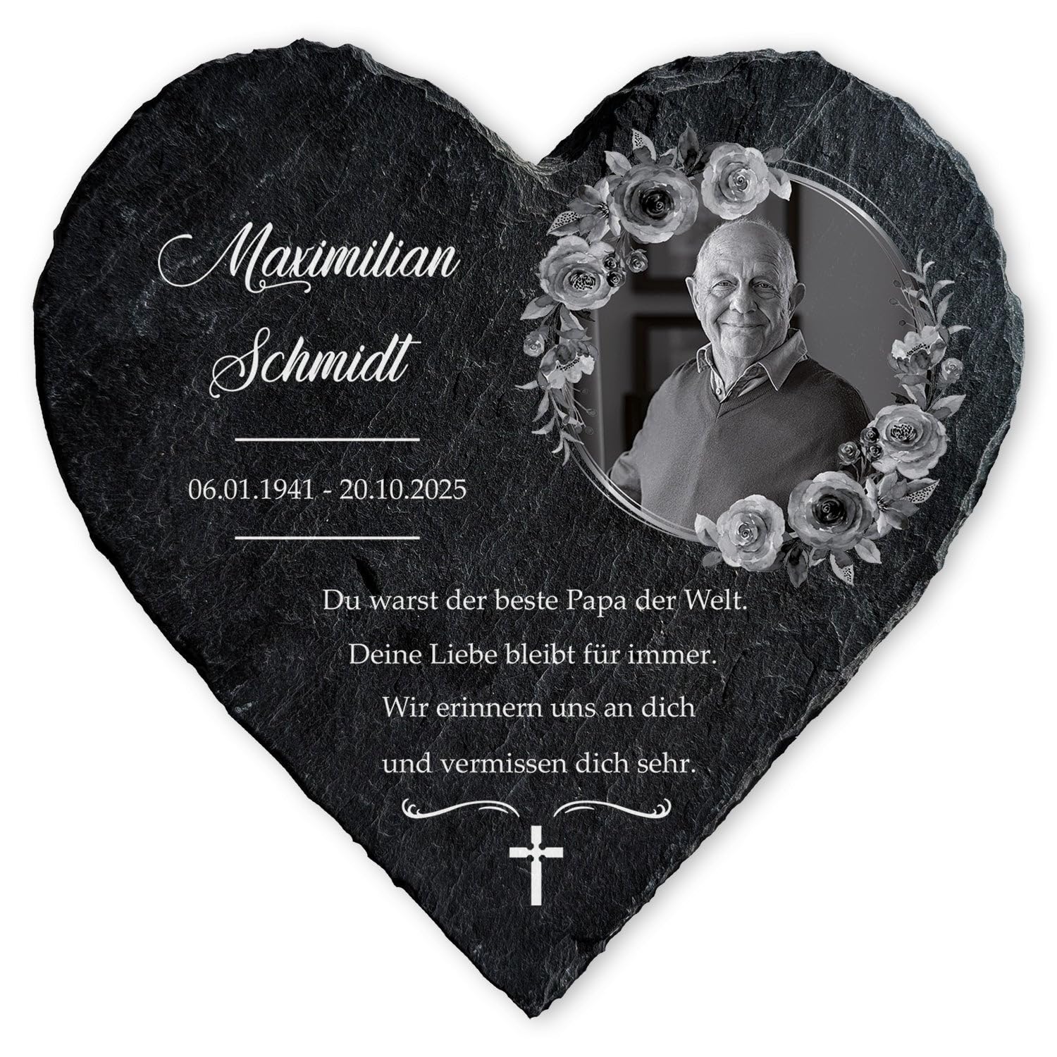 GRAVURZEILE Bedrucktes Schieferherz - In Gedenken V2 - Personalisiert mit Name, Foto & Datum - Grabtafel aus Naturschiefer in Herzform - 20 x 20 cm - Grabschmuck für Urnengrab & Gedenkort