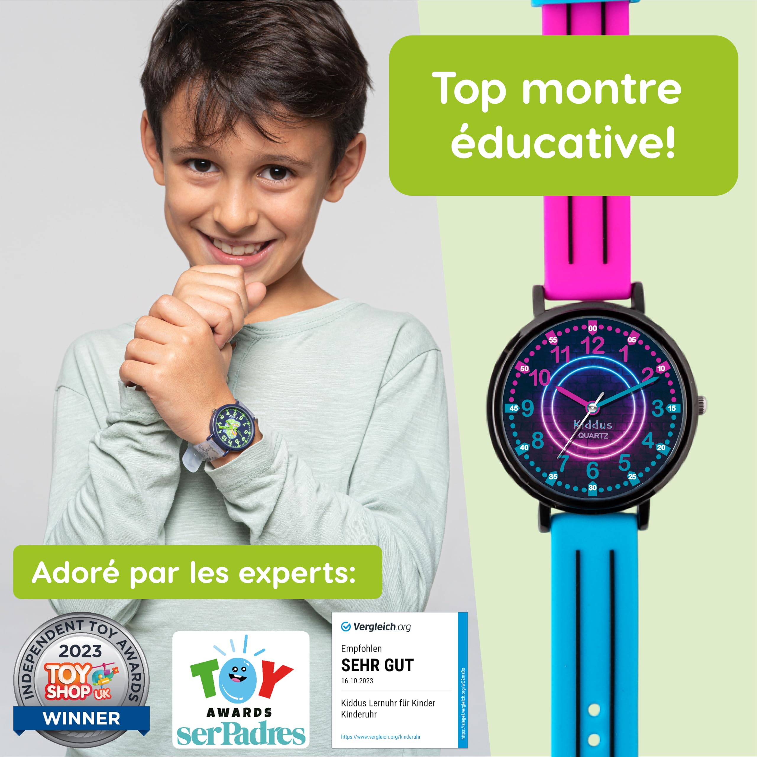 Kiddus Montre Éducative pour Enfants, Montre Bracelet Analogique pour Garçon et Fille à partir de 5 Ans, Waterproof 5ATM, Première Cadeau Apprentissage pour Enfant