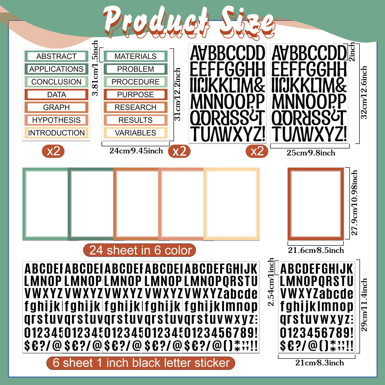 Science Fair Board Stickers - 24 Sheets, Neon Colors, Self-Adhesive Titles & Subtitles