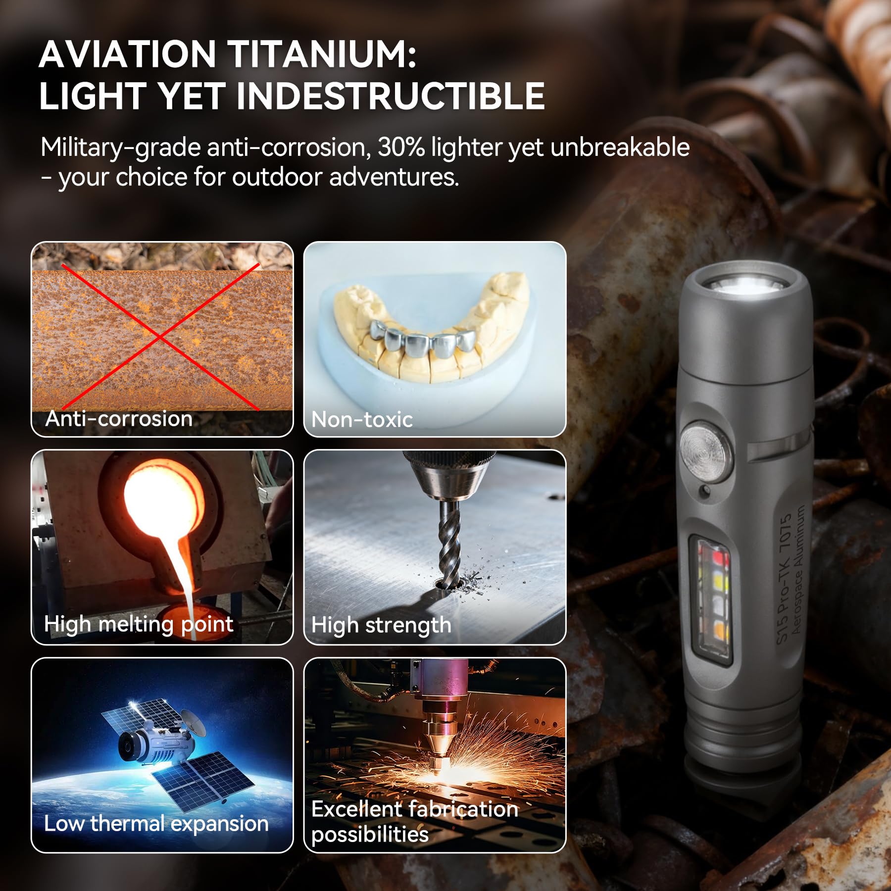 S15PRO-TK - Torcia portachiavi in titanio, mini torcia tascabile ricaricabile USB-C, 750 lumen, piccola luce EDC con luce UV e 5 modalità luce laterale + cacciavite per emergenze, manutenzione
