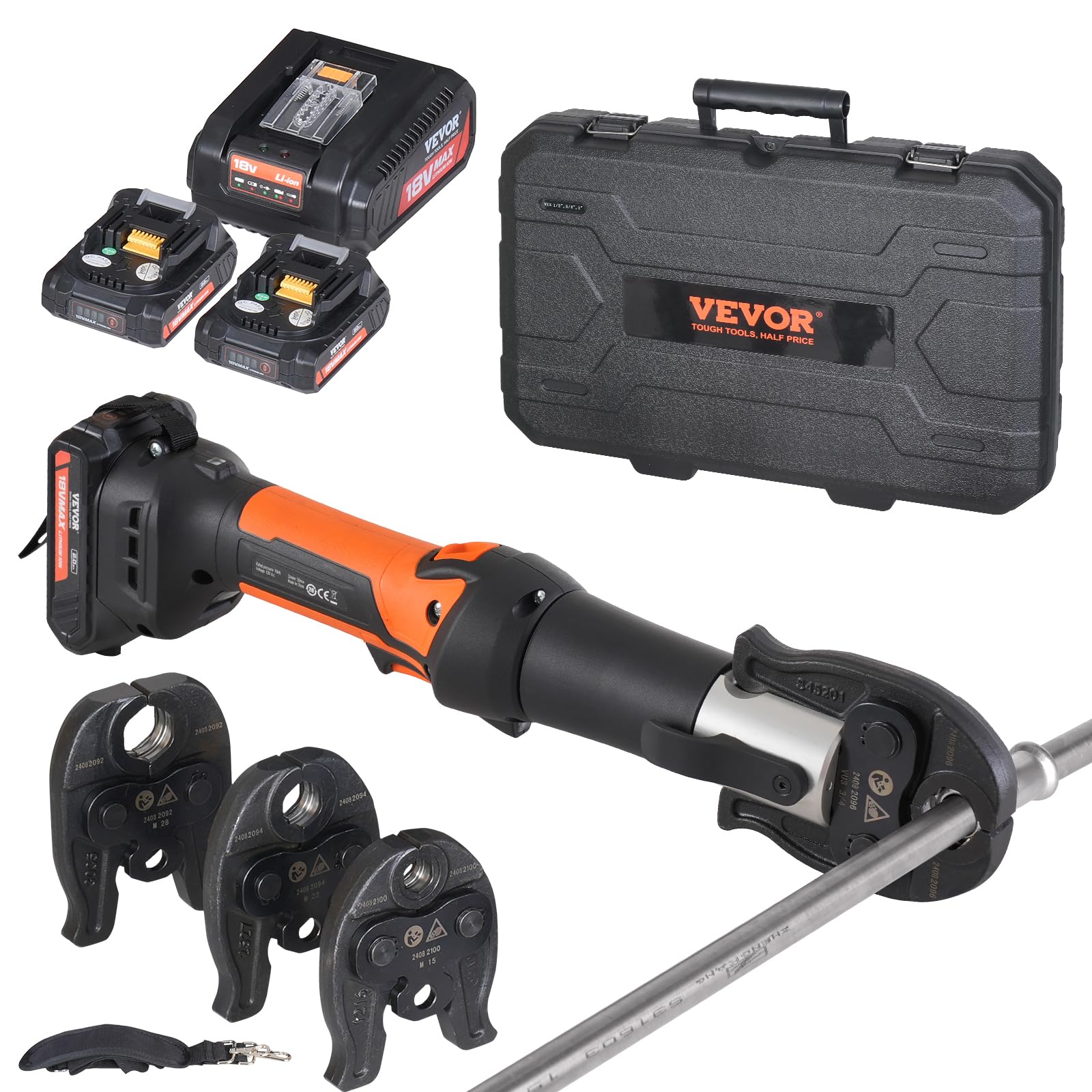 VEVOR Kit de Herramientas para Engarzar Tuberías Eléctricas con 2 Baterías de 18 V 2,0 Ah, Engarzadora Profesional con Mandíbulas V15, V22, V28, Cargador Rápido y Estuche de Transporte 360°