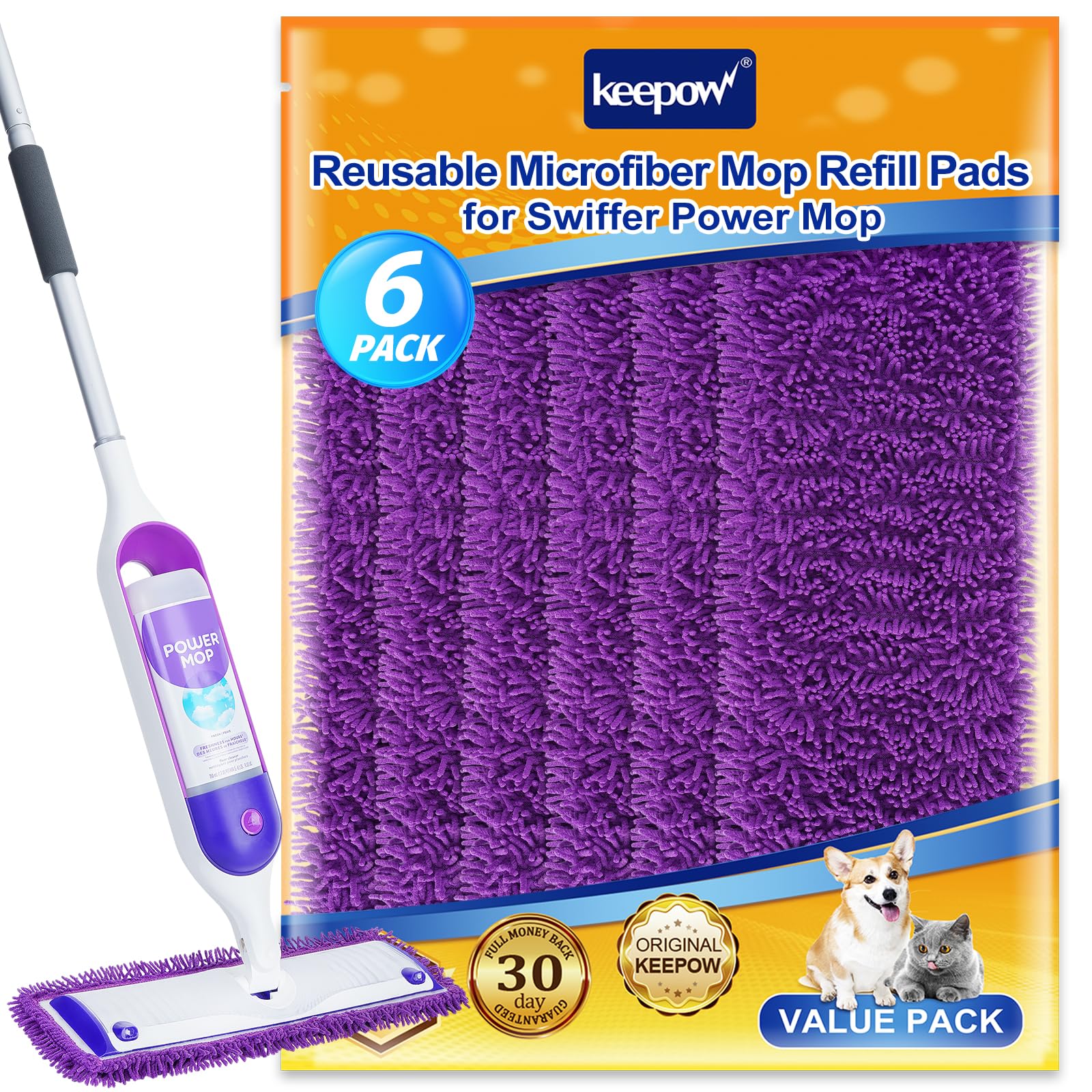 KEEPOW6 Pack Reusable Mop Pads Compatible with Swiffer PowerMop, Wood Floor Pads Microfiber Mop Replacement Refills Machine Washable for All Floor Surfaces
