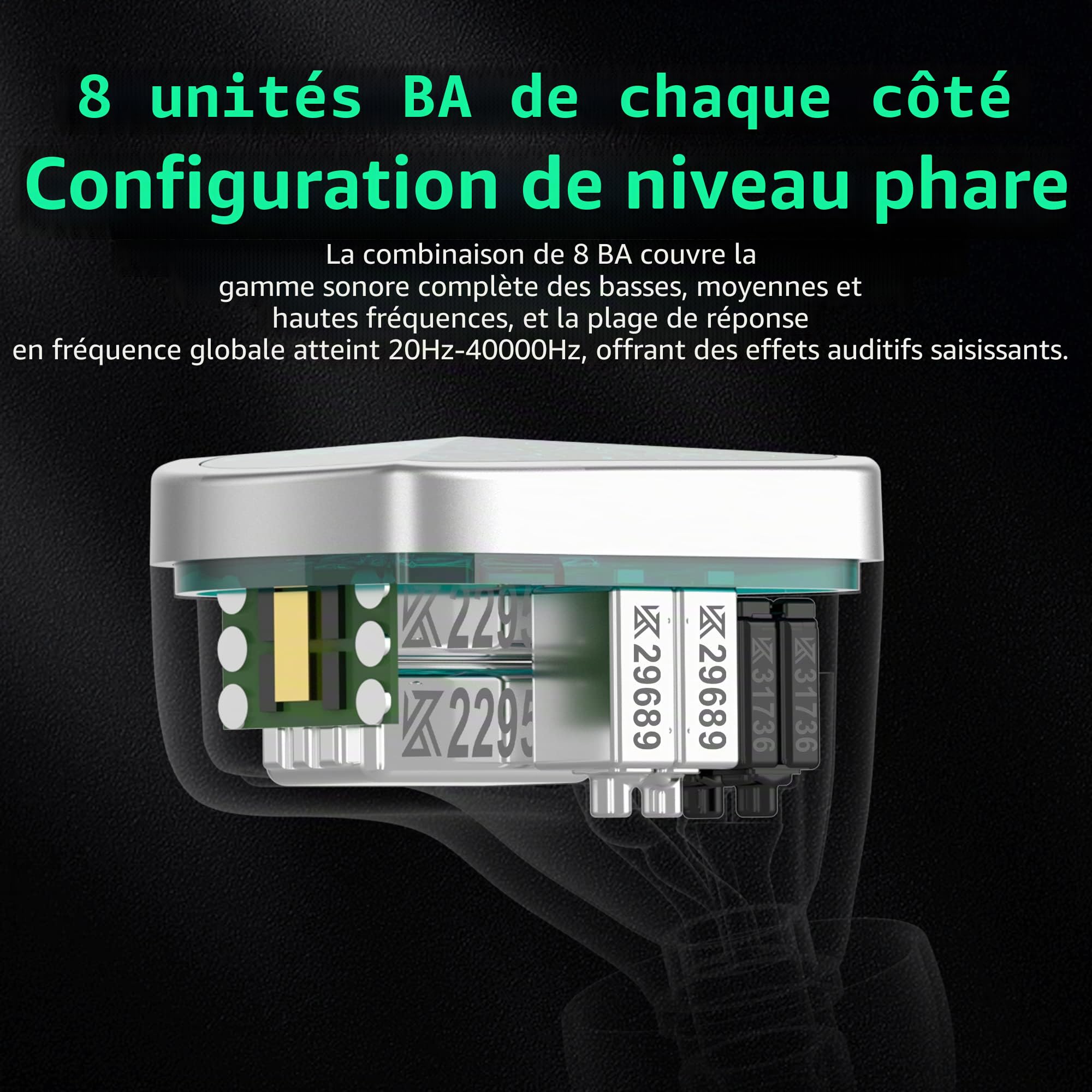 keephifi KZ AS16 Pro Écouteurs in Ear Monitor,4 * 31736 BA et 2 * 29689 BA et 2 * 22955 BA IEM HiFi,fréquence électronique divisionnaire PCB,Casque Filaire 20-40kHz pour Musiciens et Gaming