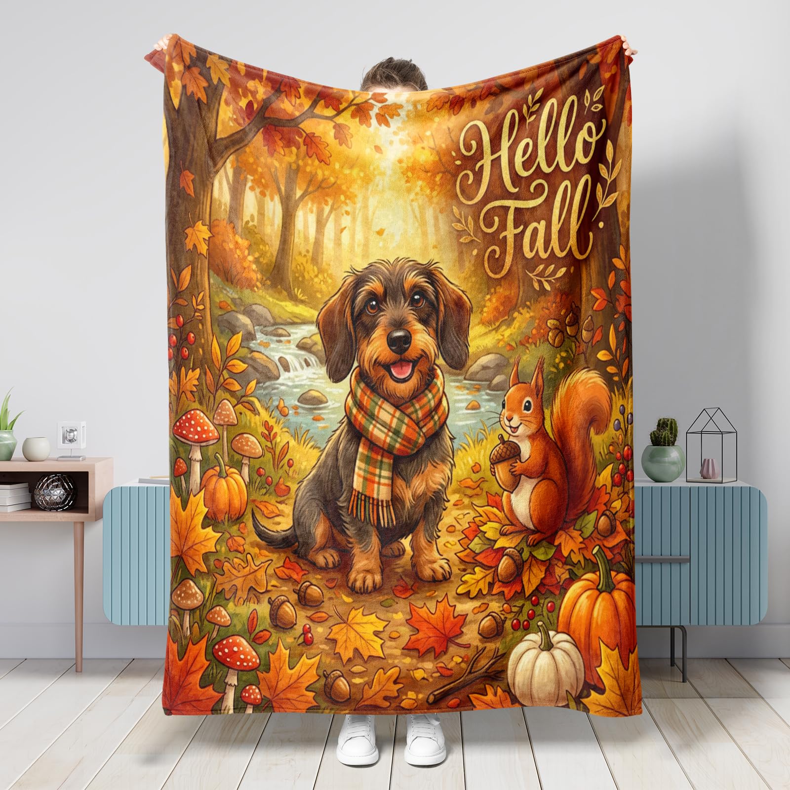 Manta de perro salchicha de otoño de 60 x 80 pulgadas, manta de franela cálida y esponjosa para dormitorio, camping, decoración de sofá de otoño